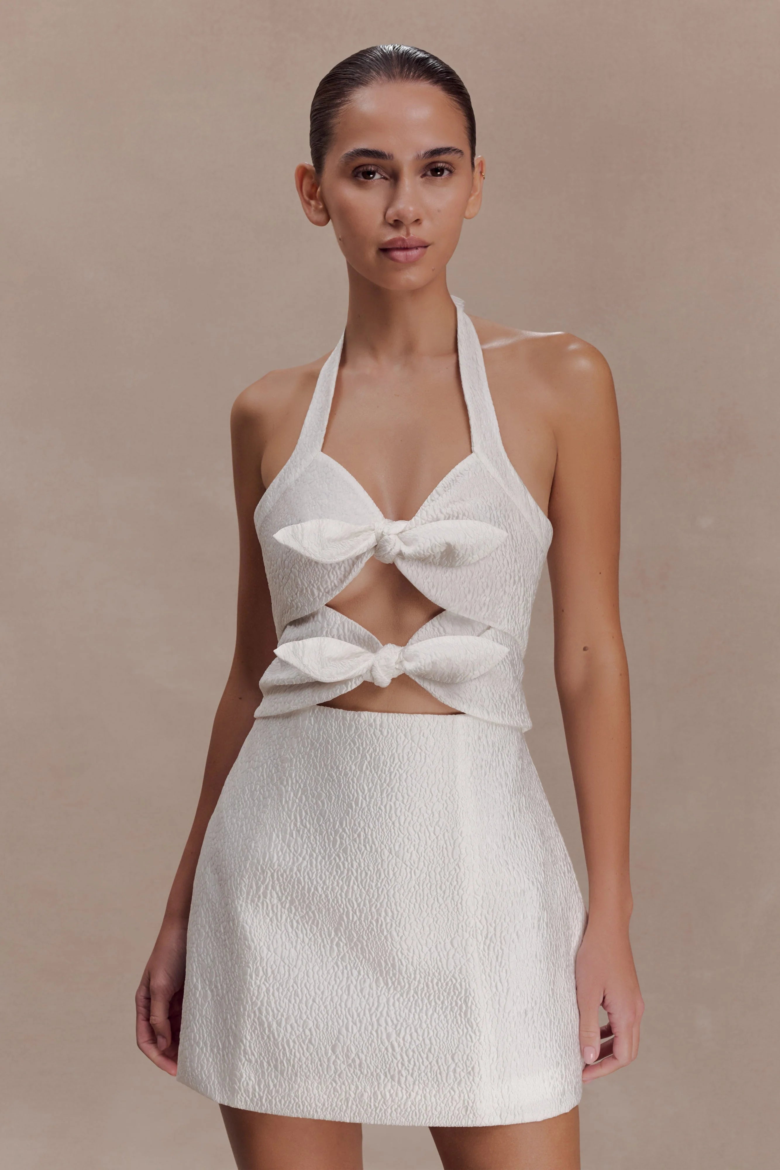 Ella Bow Detail Halter Mini Dress White