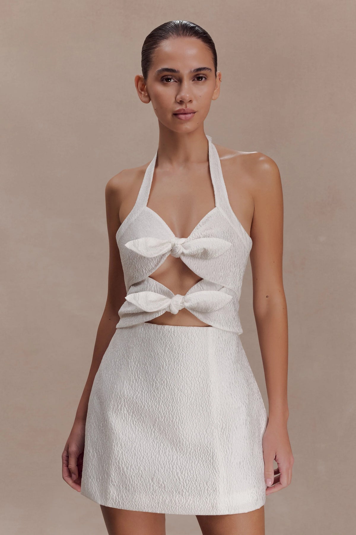 Ella Bow Detail Halter Mini Dress White