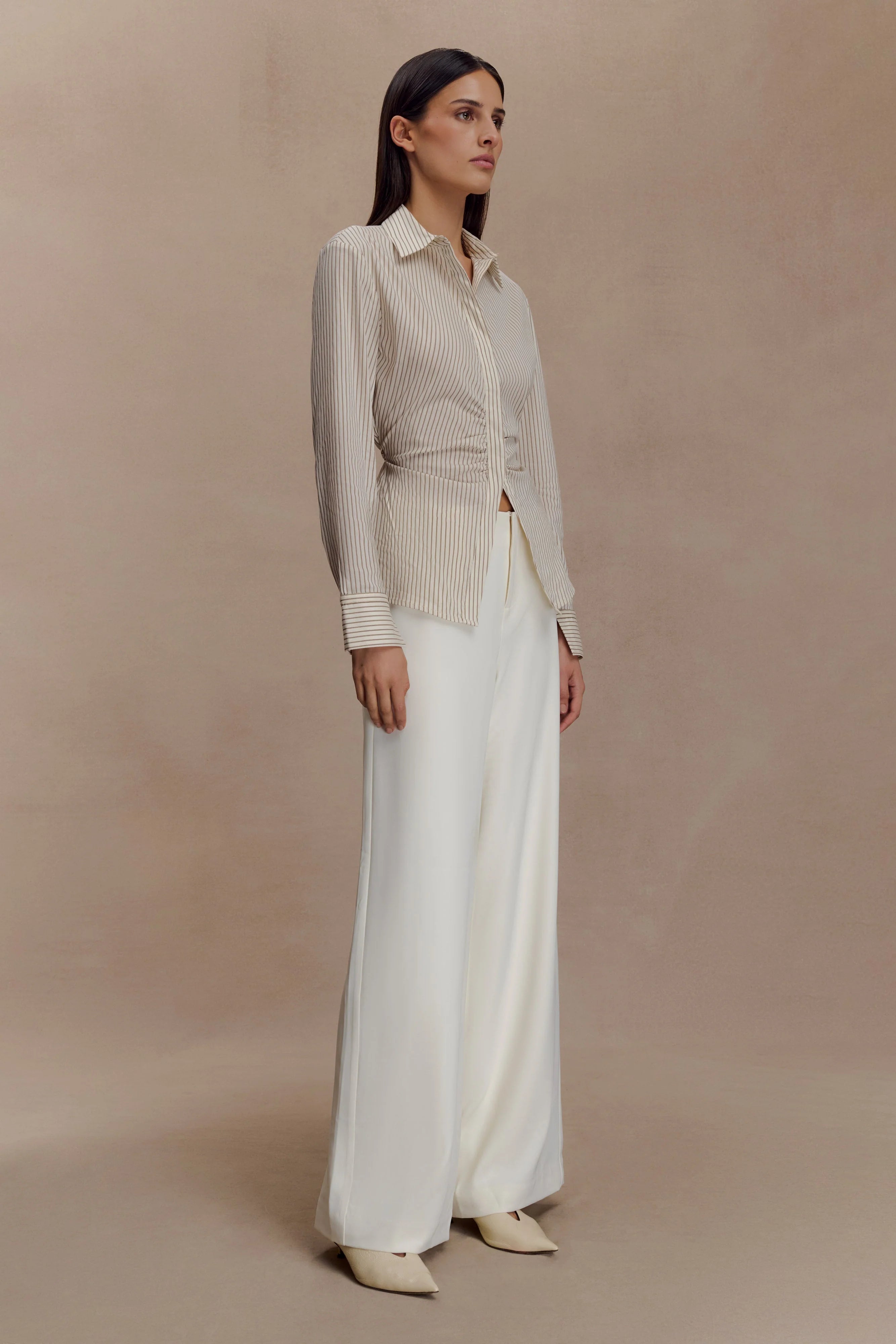 Millie Tie Back Cotton Shirt Beige Pinstripe