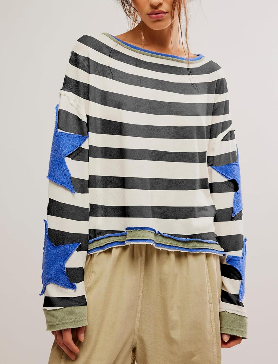 Women Oversized Sweatshirt Star Graphic Drop Shoulder Sloutchy Fit Pullover Tops Y2k Long Sleeve Shirt