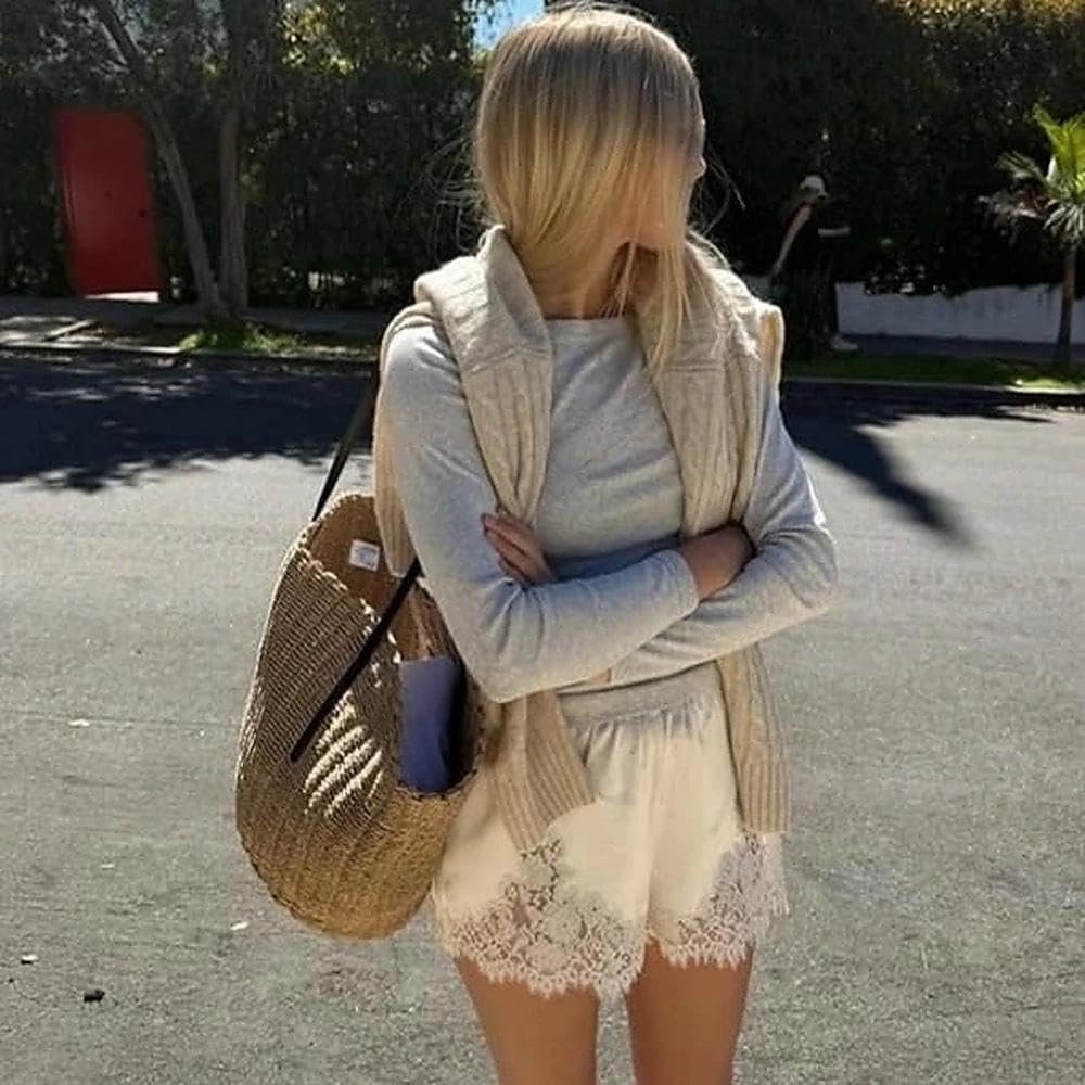Women Satin Lace Shorts Silky Pajama Lounge Shorts Elastic Waist Chic Sleepwear Bottoms