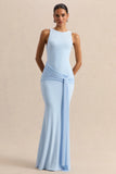 Mirene Powder Blue Round Neck Maxi Dress With Gathered Detailing And Sash