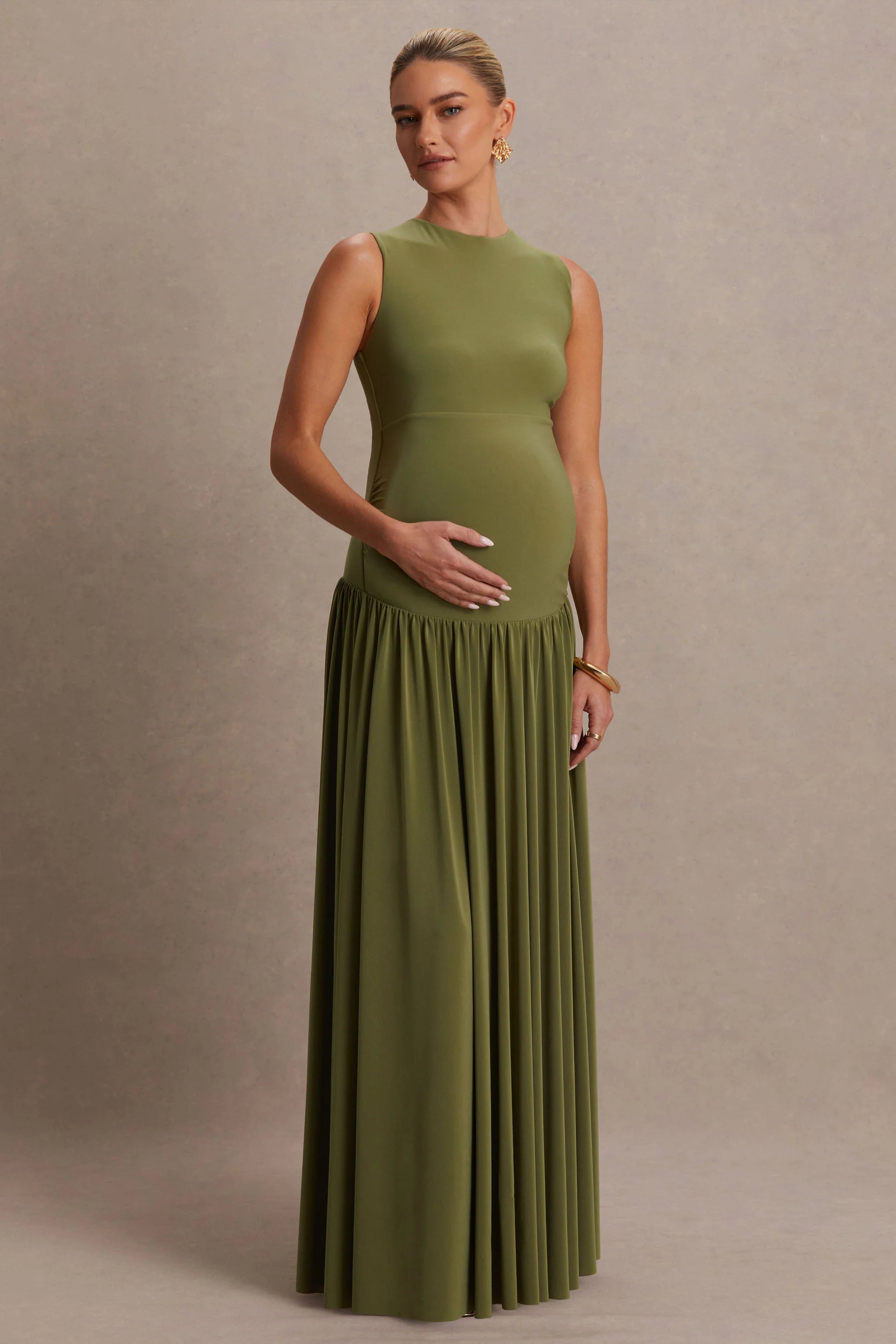 Outline Olive Crew Neck Maternity Maxi Dress With Pleated Skirt