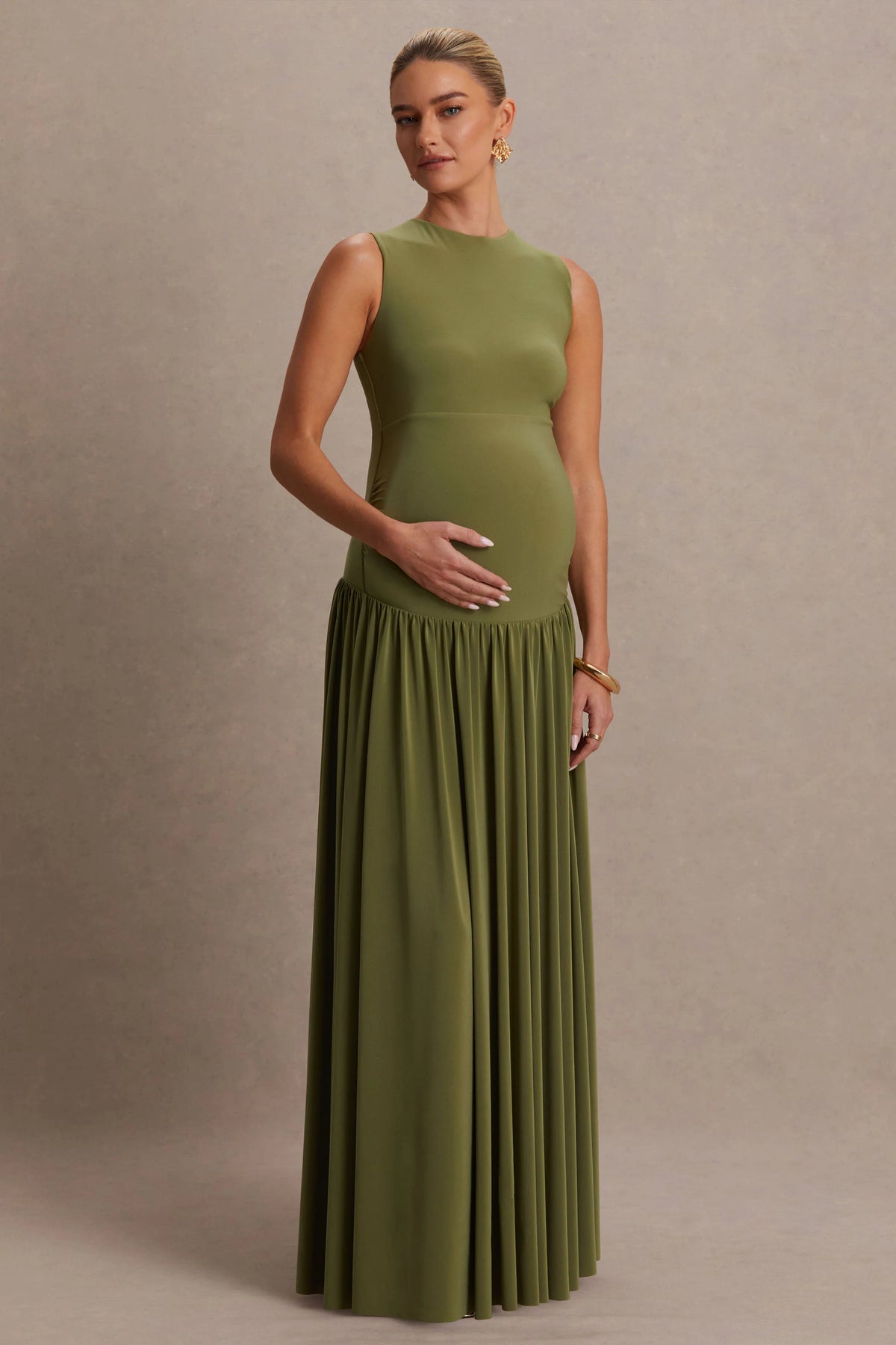 Outline Olive Crew Neck Maternity Maxi Dress With Pleated Skirt