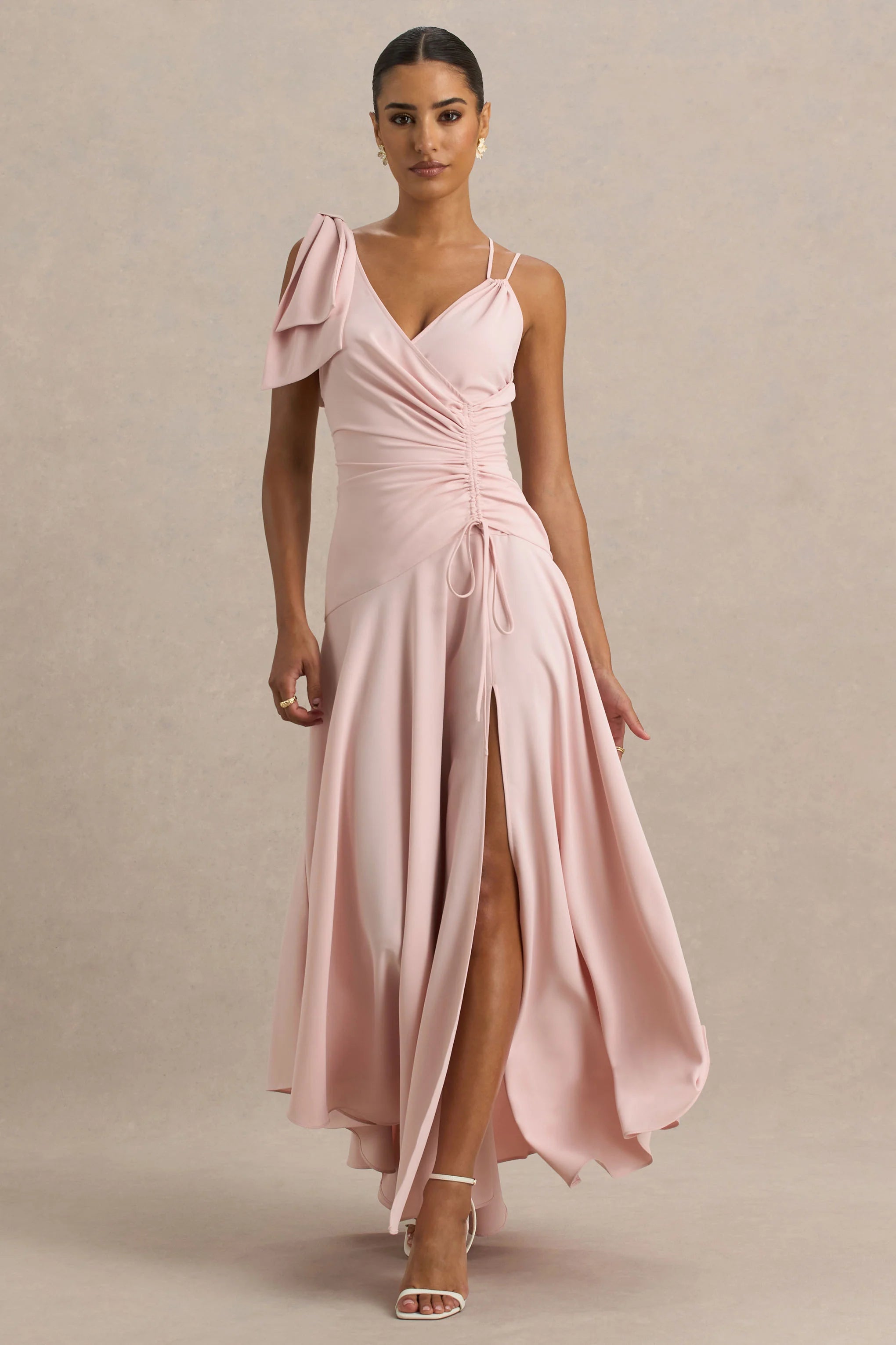 Julieta Baby Pink Asymmetric Neck Maxi Dress With Bow Detail And Open Back