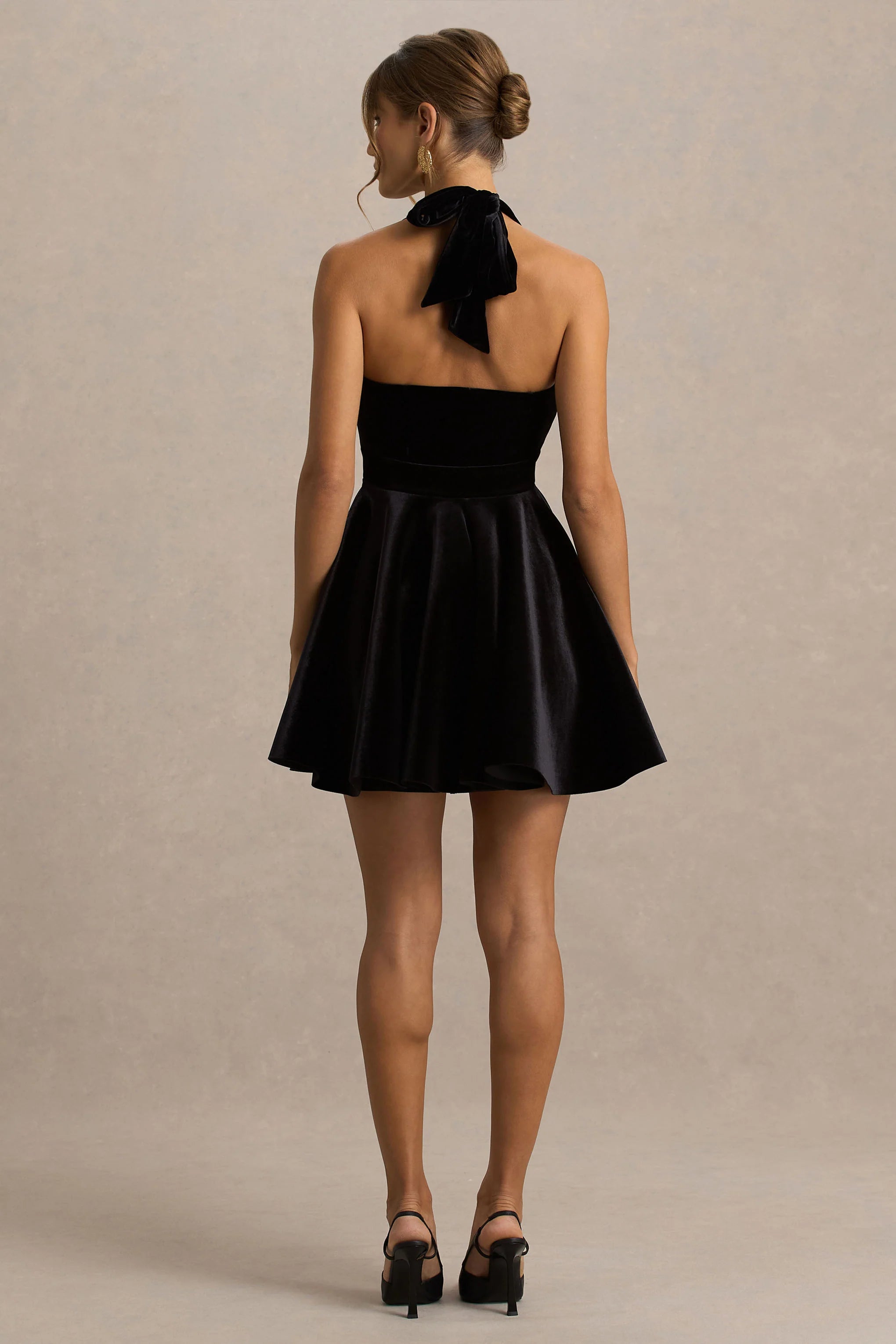 Mirage Black Velvet Halter Neck Mini Dress With Skater Skirt