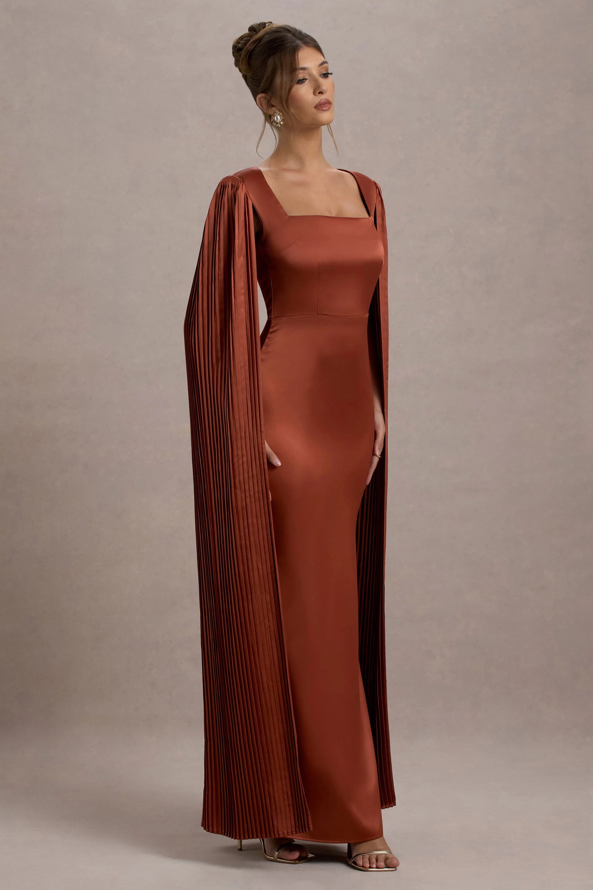 Saloma Rust Satin Square Neck Maxi Dress With Cape Sleeves