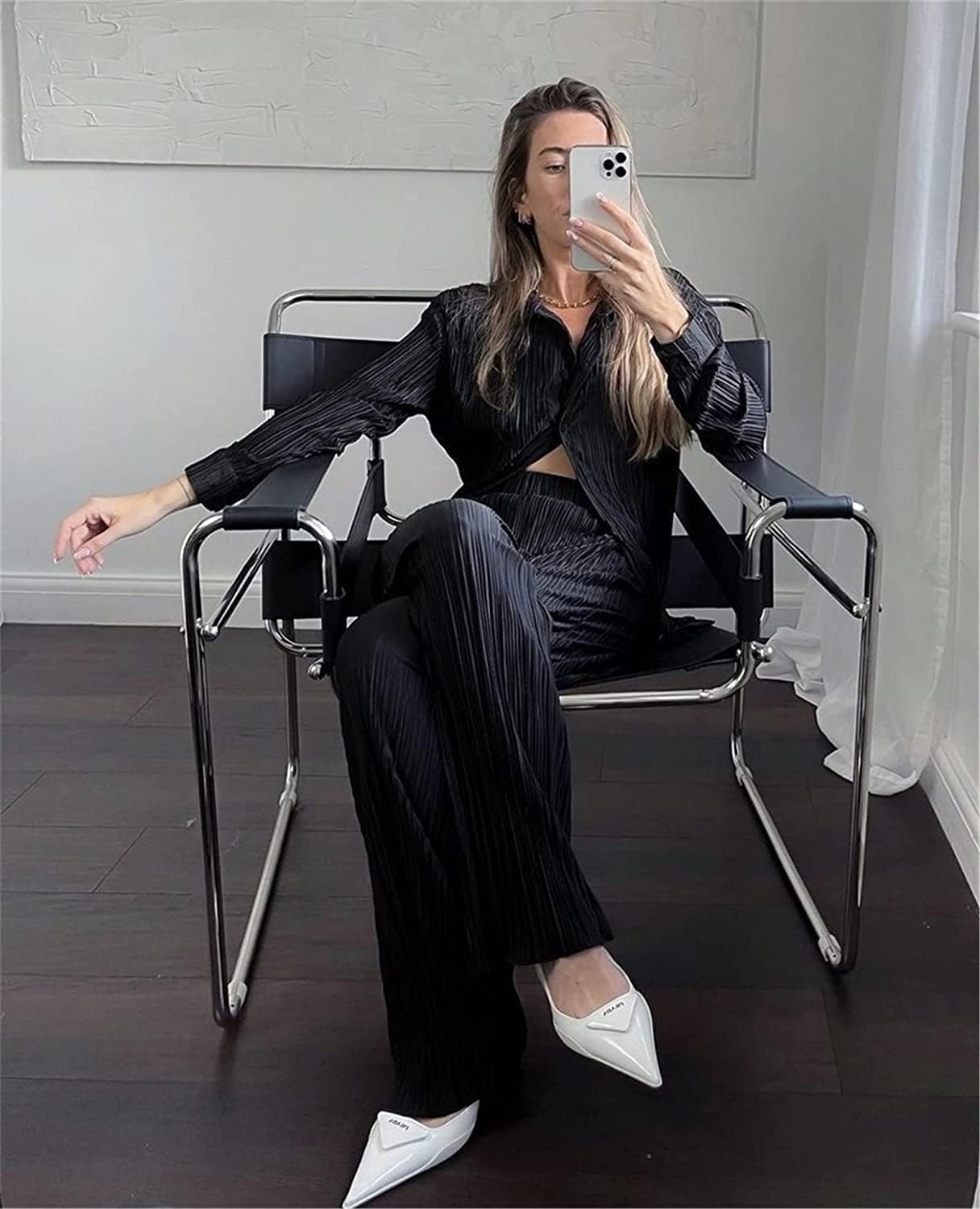 Pleated 2 Piece Outfits for Women Long Sleeve Oversized Button Down Shirt Wide Leg Pants Sets Casual Loungewear
