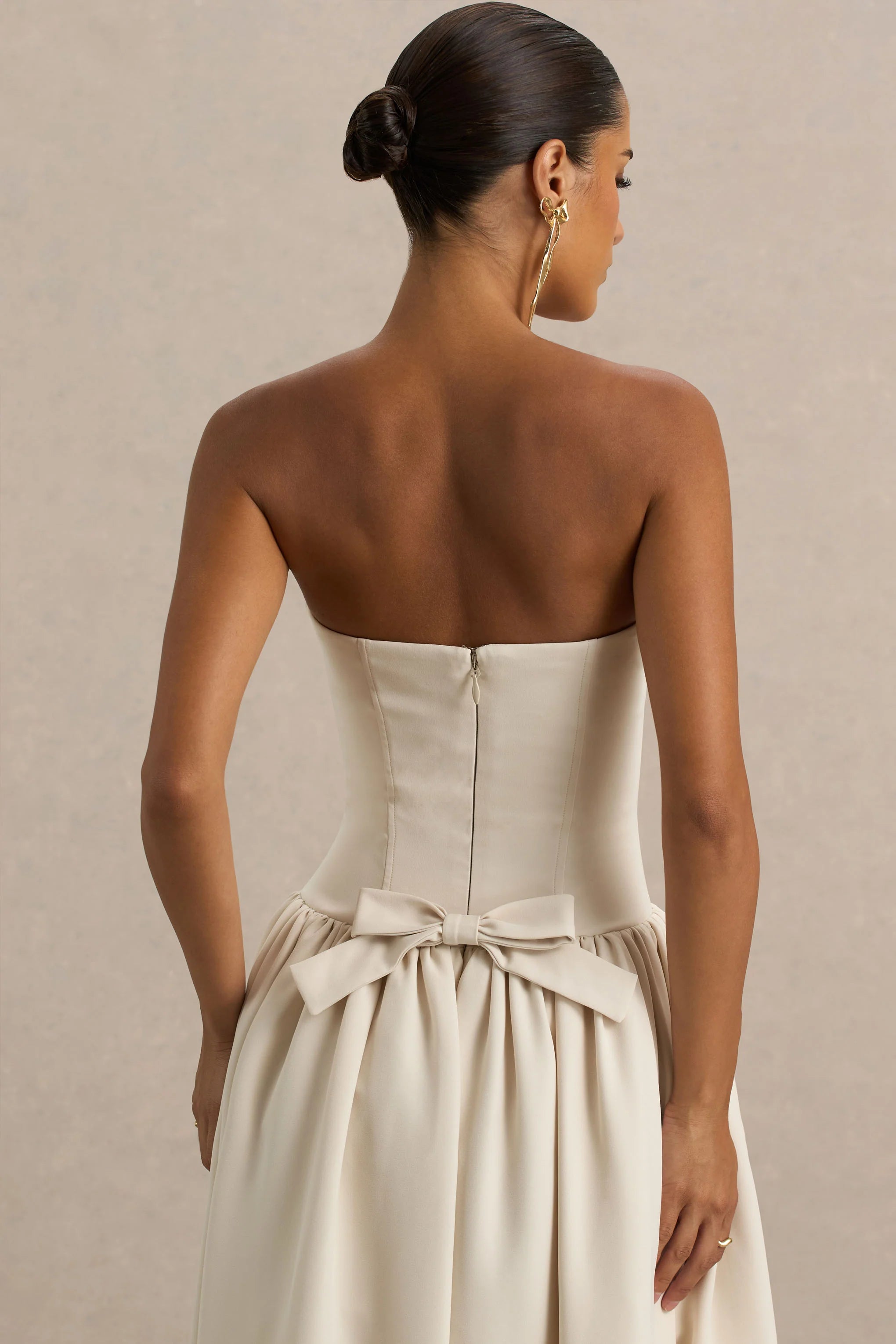 Candice Cream Bandeau Volume Midi Dress With Back Bow Detail