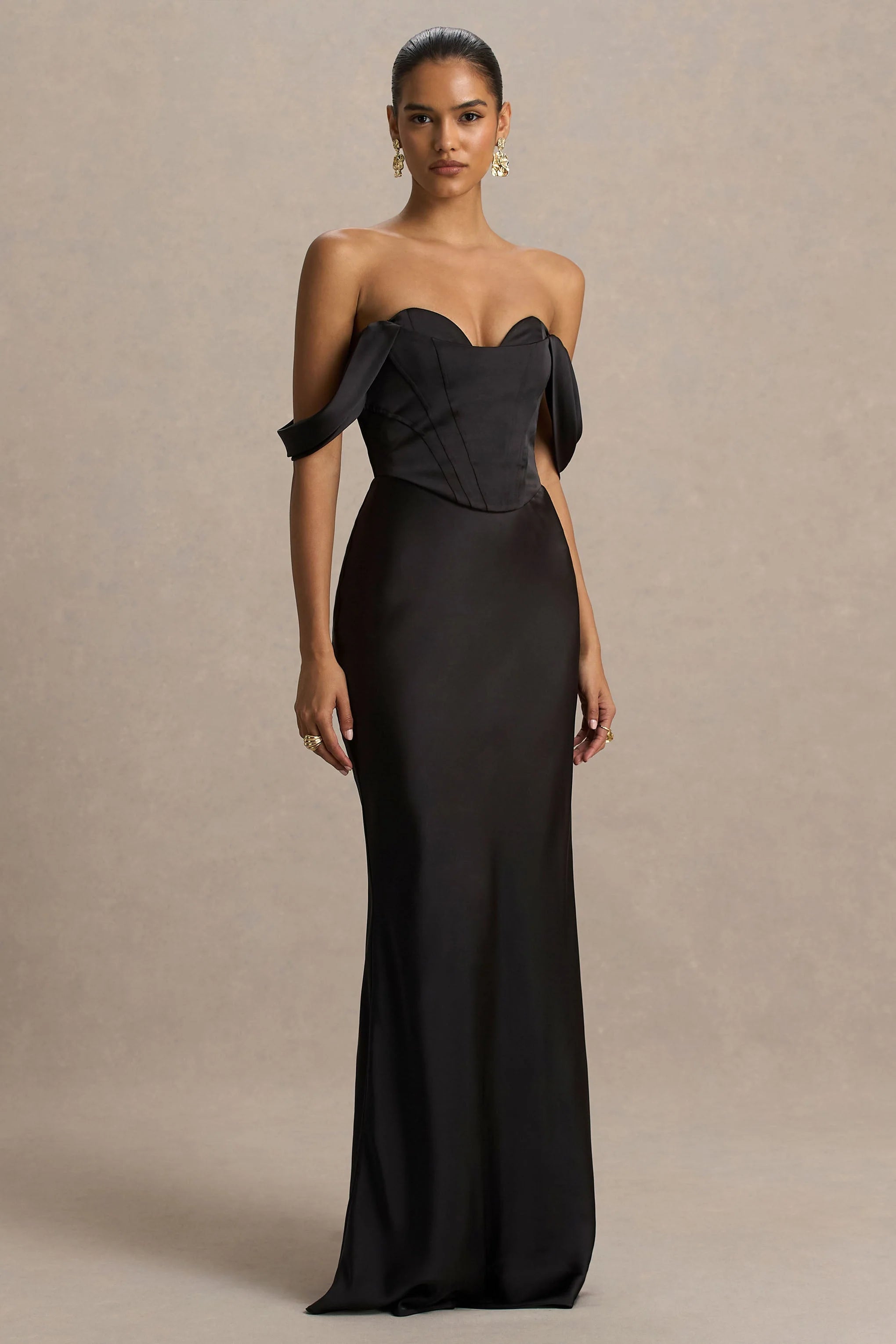 Perenna Black Satin Sweetheart Neck Maxi Dress With Draped Sleeves