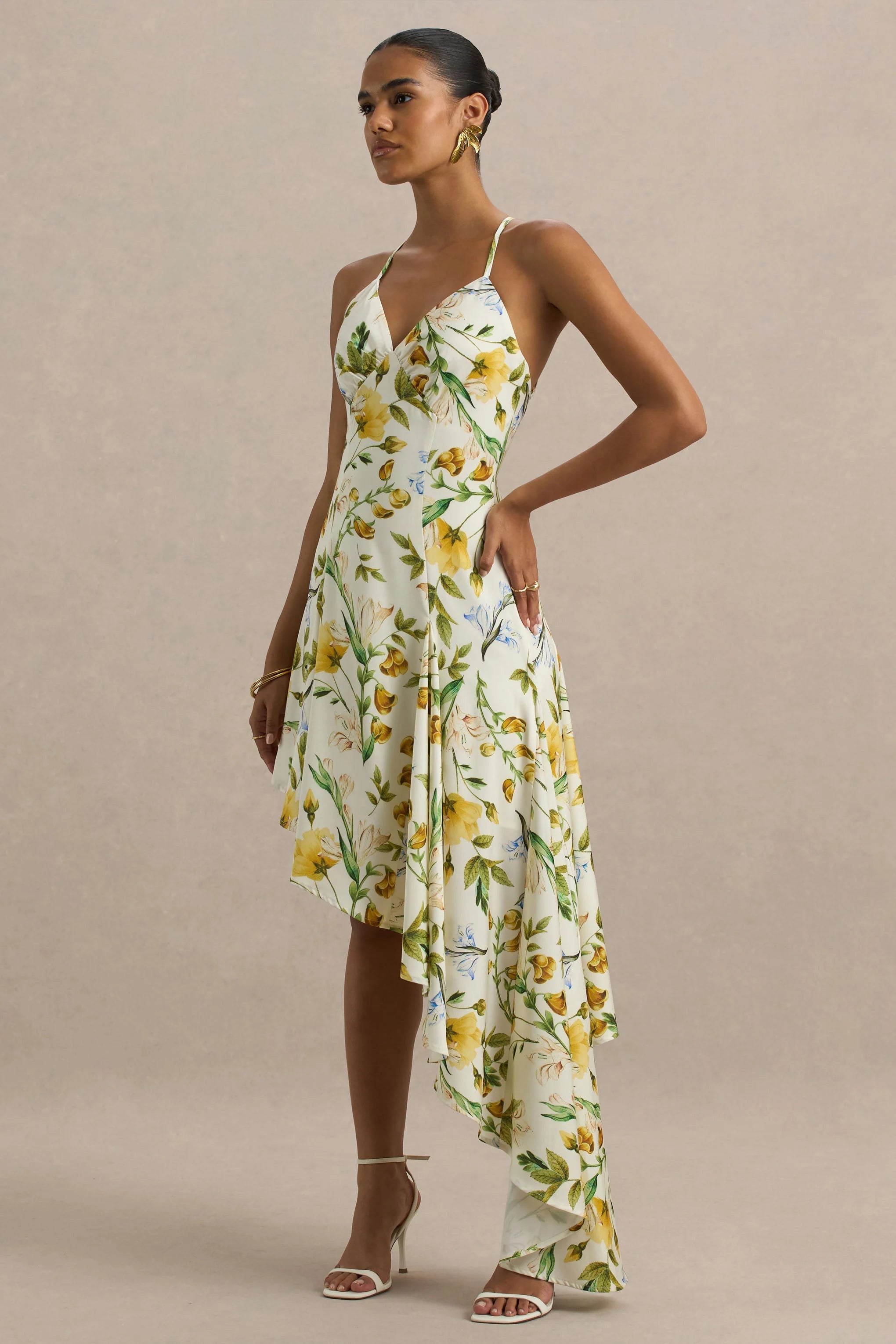 Glint Lemon Floral Print Satin Plunge Neck Maxi Dress With Asymmetric Hem