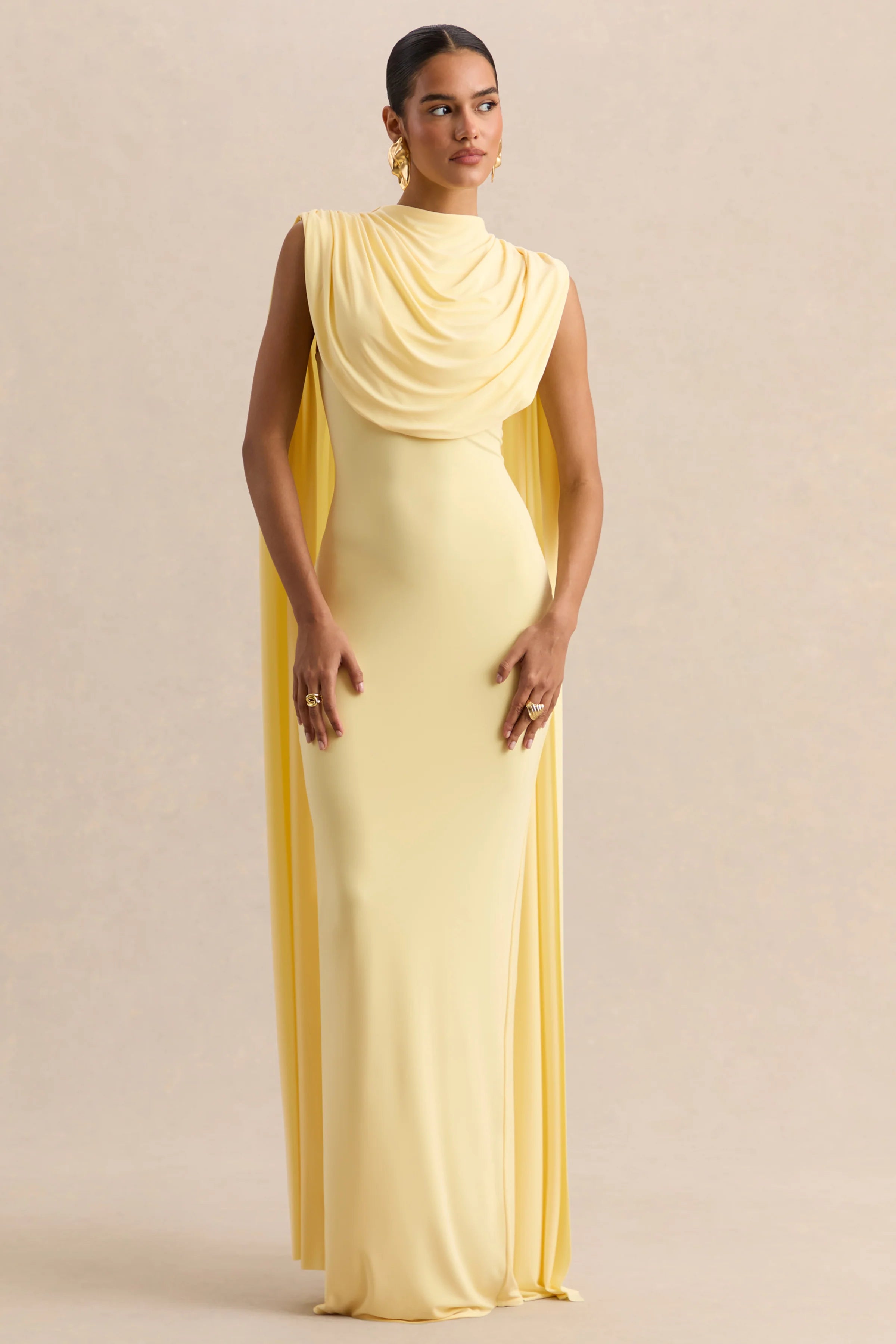 Patrina Lemon High Neck Maxi Dress With Draped Detailing And Cape Sleeves