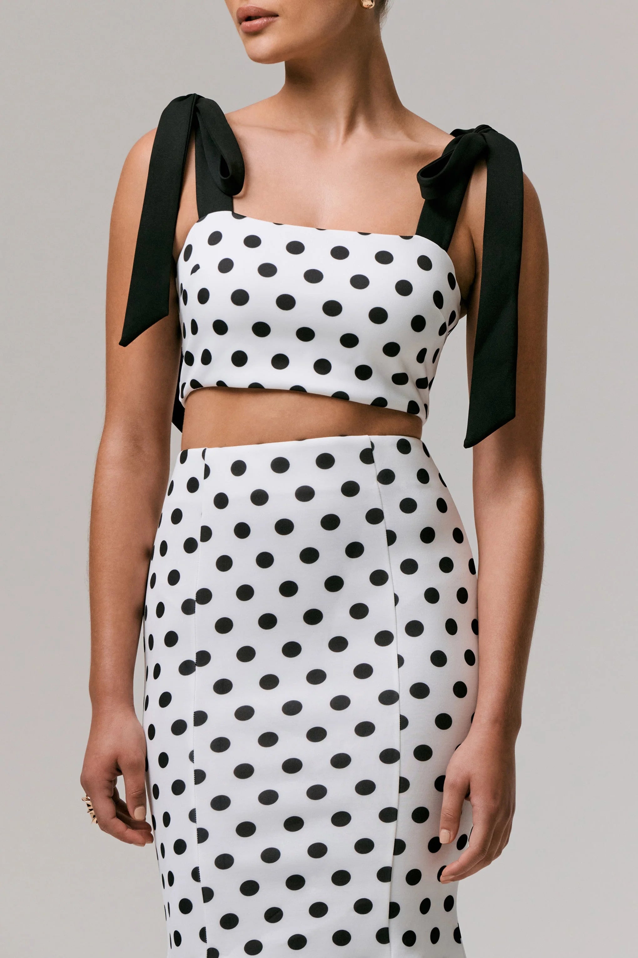Phoebe Black White Polka Dot Crop Top With Tie Straps Tie