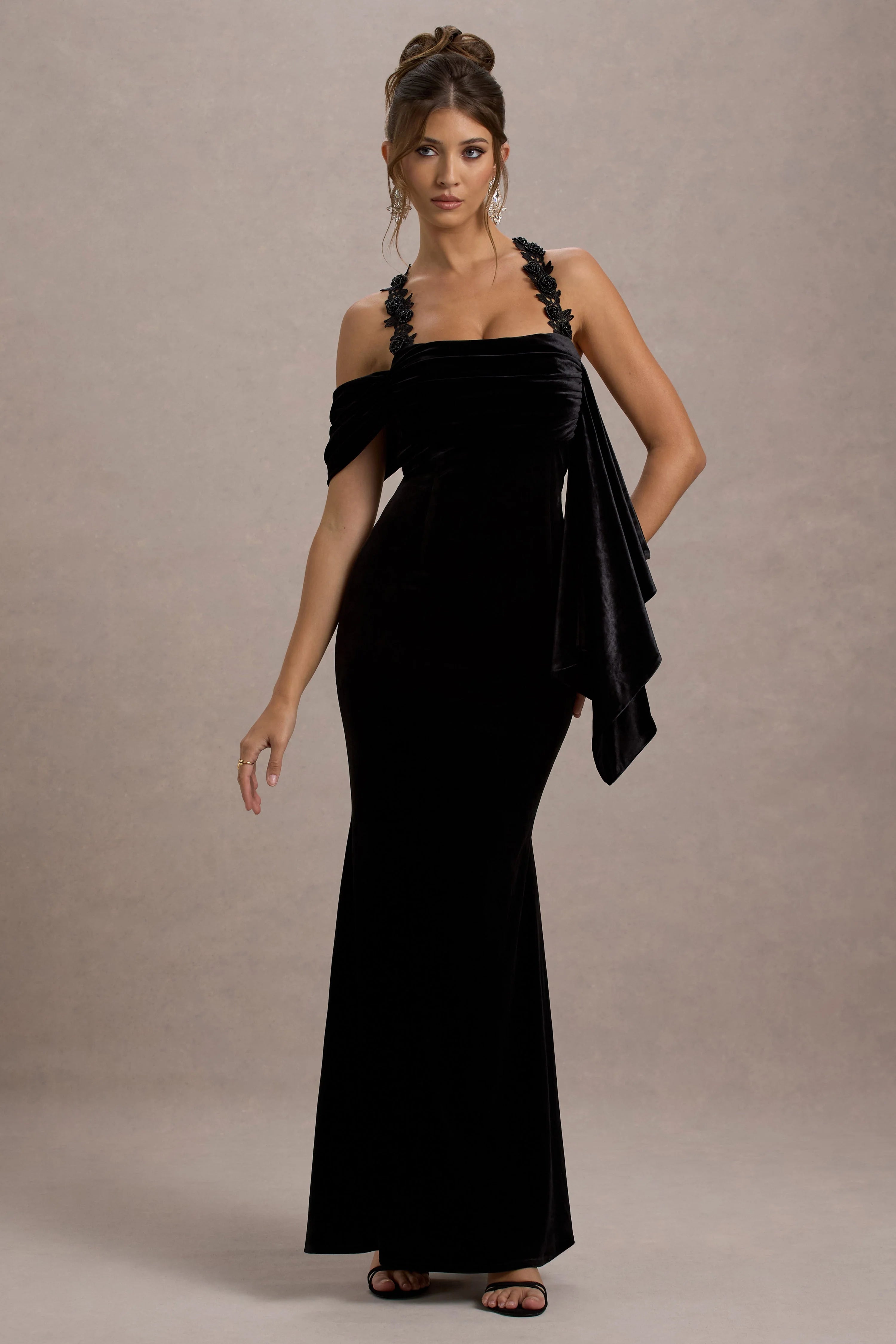 Charlize Black Velvet Halter Neck Draped Maxi Dress