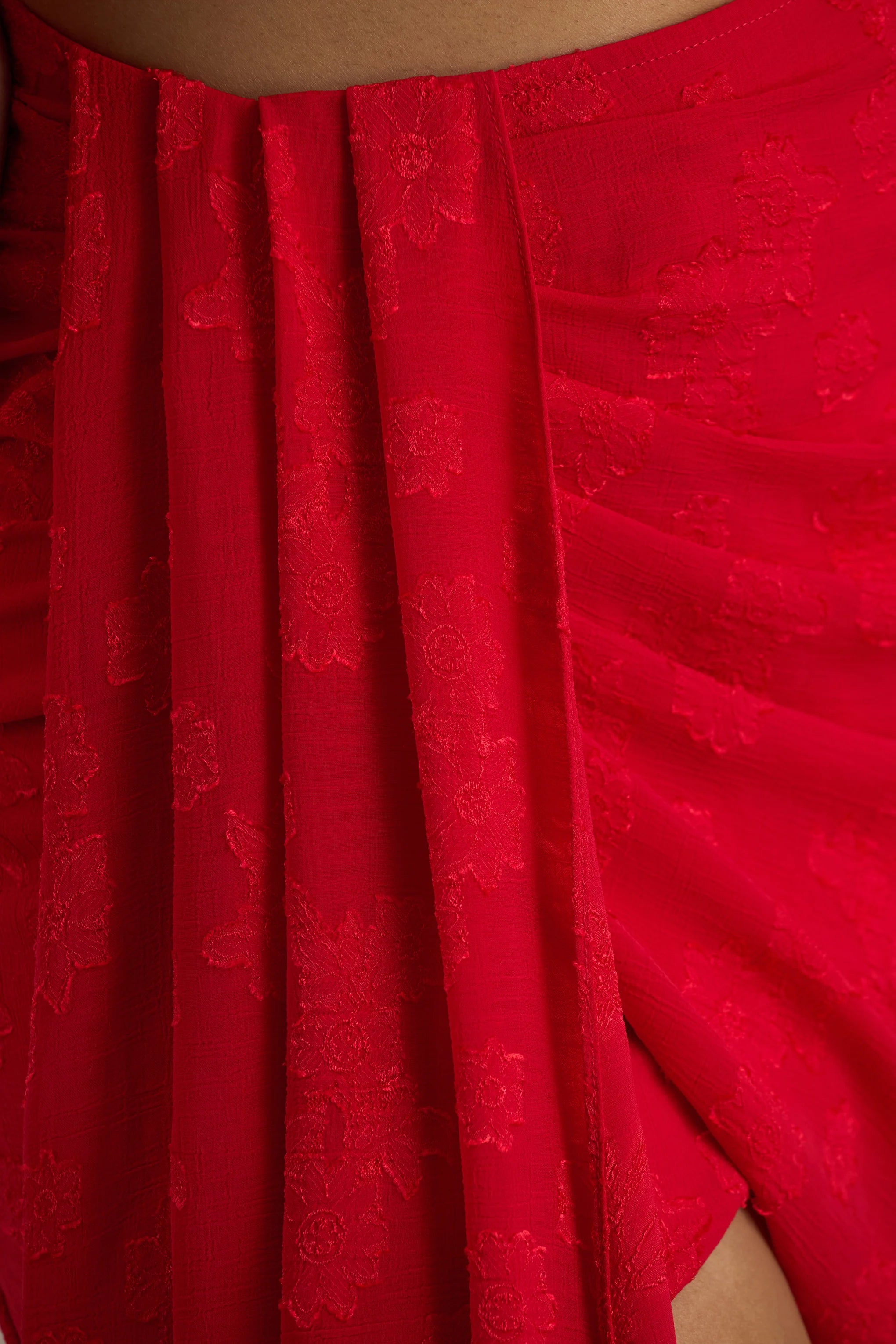 Melania Red Satin Devore Wrap Mini Skirt With Sash Detail