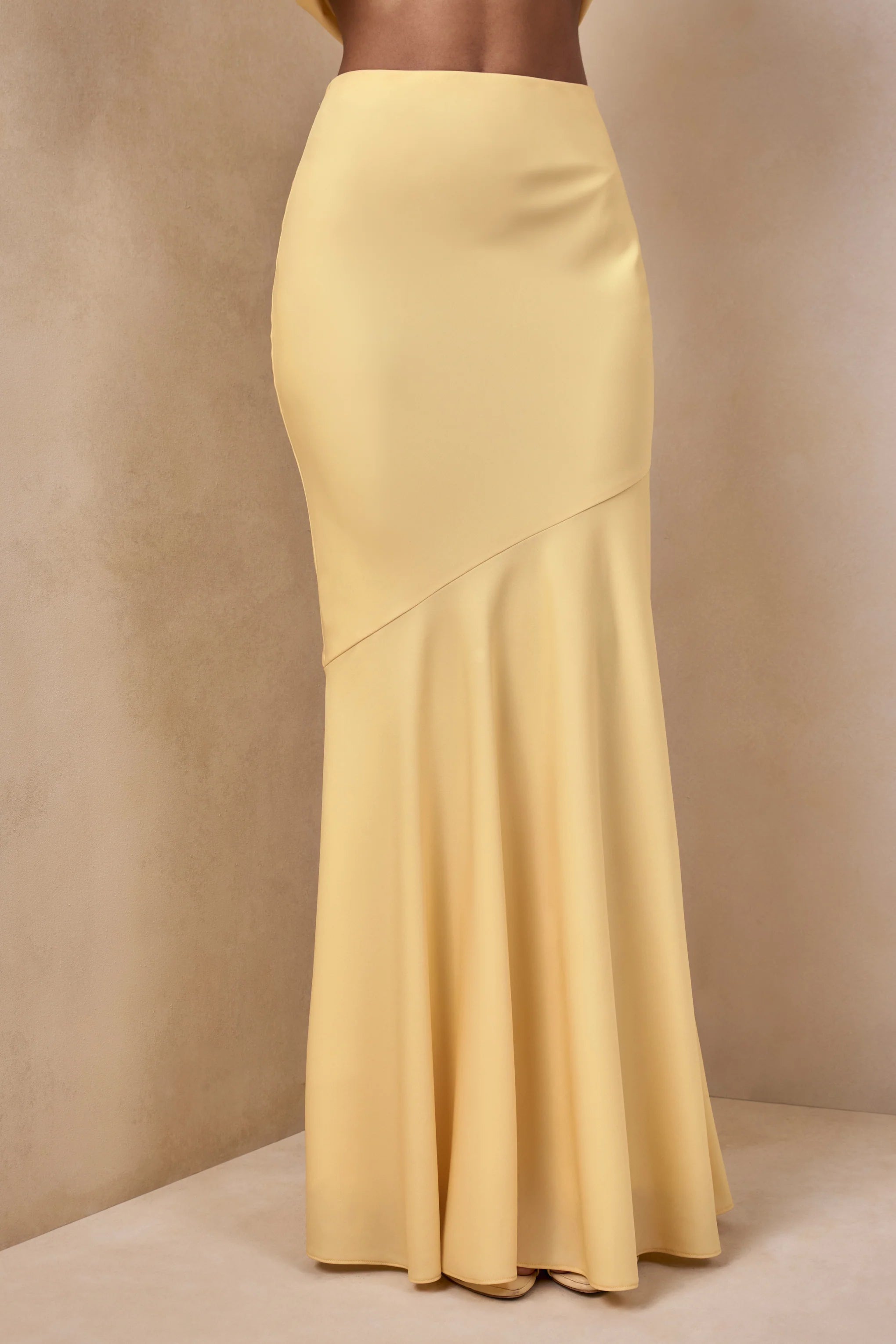 Vayla Lemon Matte Satin Asymmetric Drop Waist Maxi Skirt