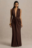 Serafina Chocolate Extreme Plunge Neck Maxi Dress With Wrap And Ruched Details
