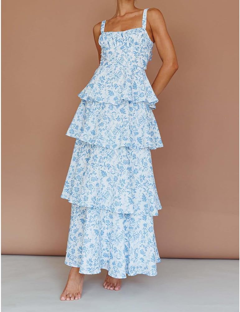 Women Floral Maxi Dress Sleeveless Bow Back Tiered Boho Flowy Long Dresses Summer Fall