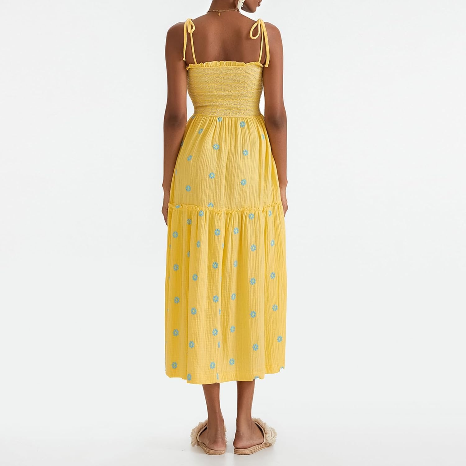 Women Floral Embroidered Maxi Dress Sleeveless Tie Shoulder Smocked Flowy Dress Boho Summer Sundresses with Pockets