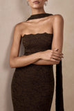 Massima Brown Lace Bandeau Maxi Dress With Scarf Detail