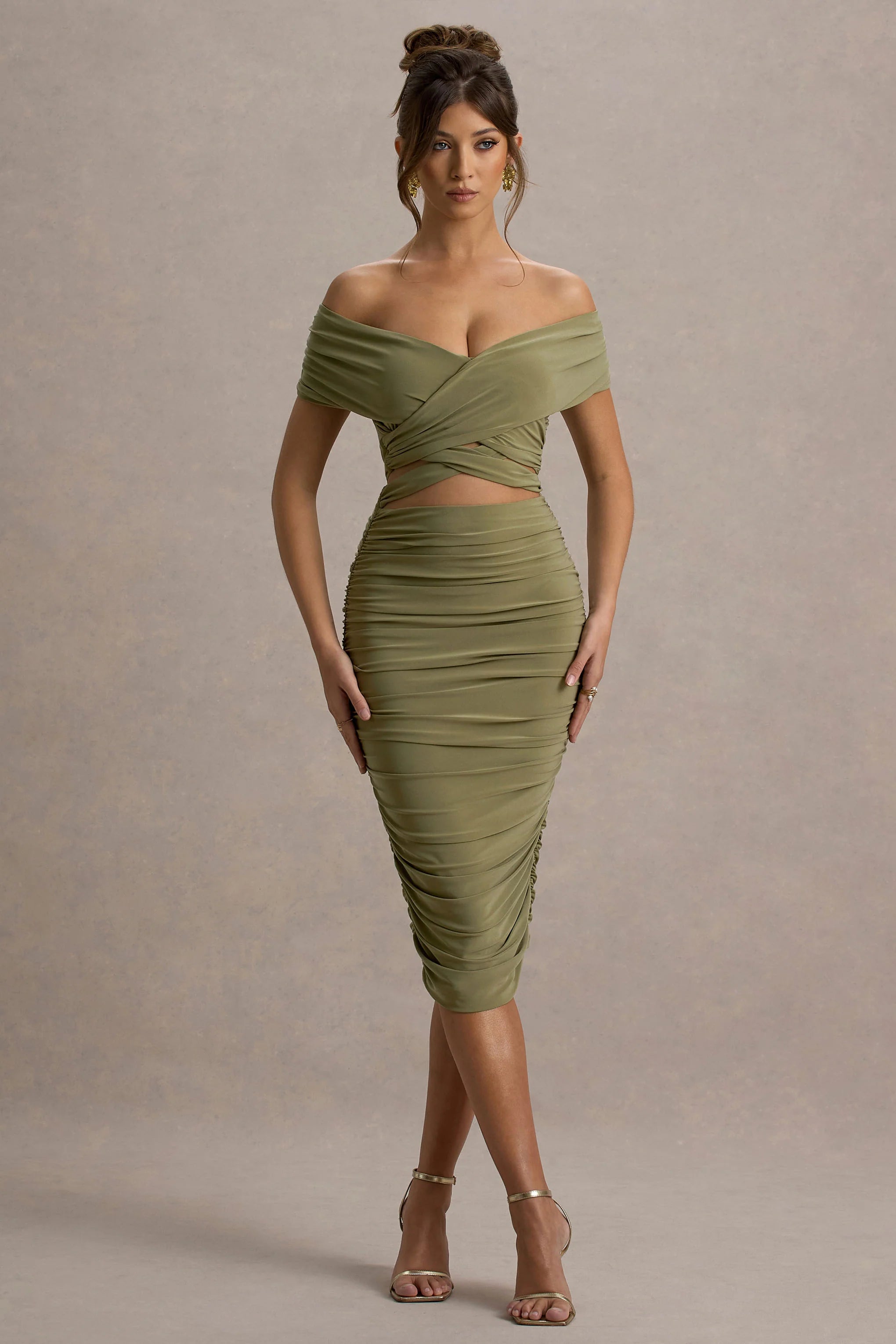 Clovette Olive Ruched Bardot Cut Out Midi Dress