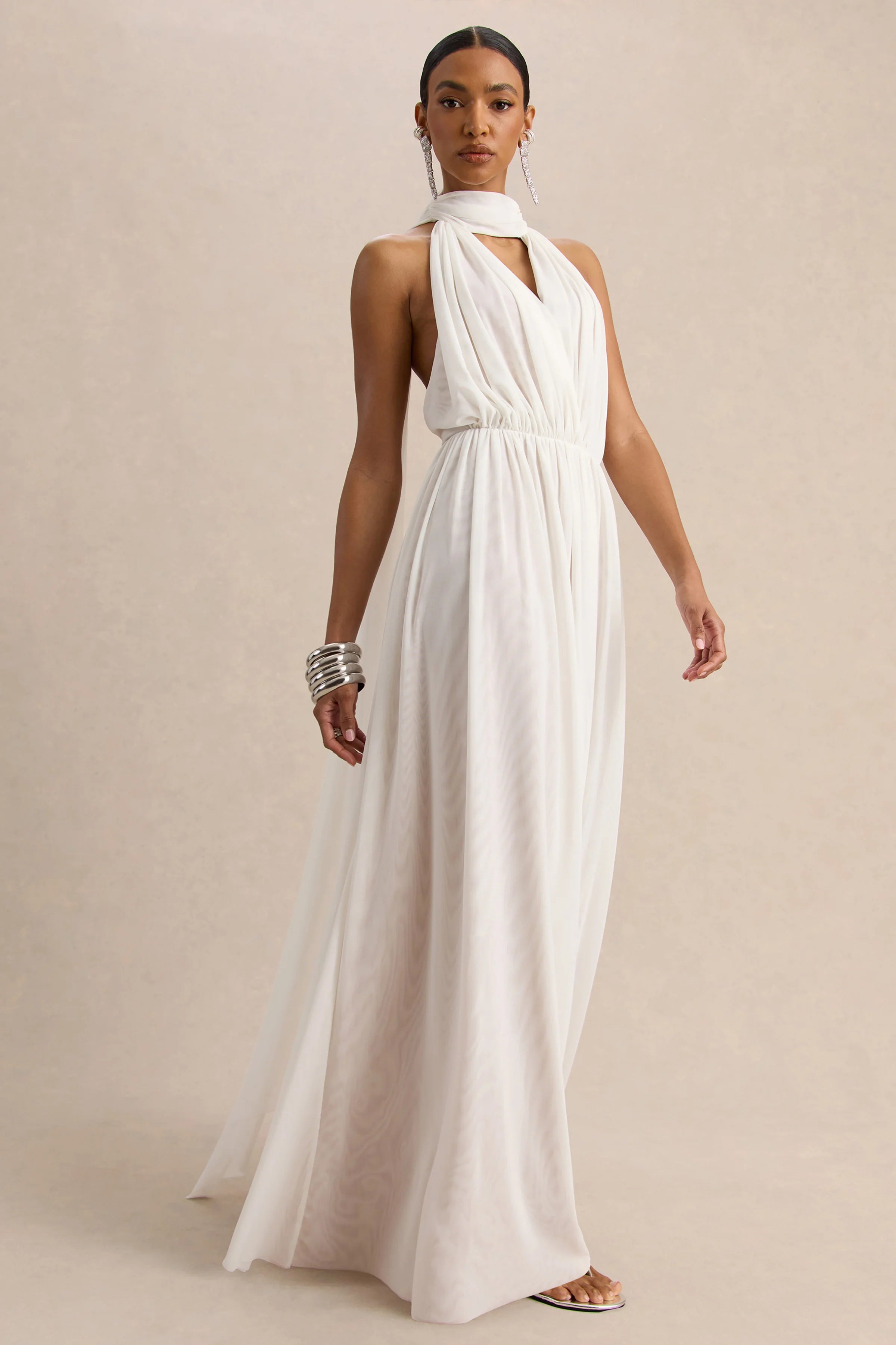 Rylina White Mesh Halter Neck Maxi Dress With Scarf And Open Back