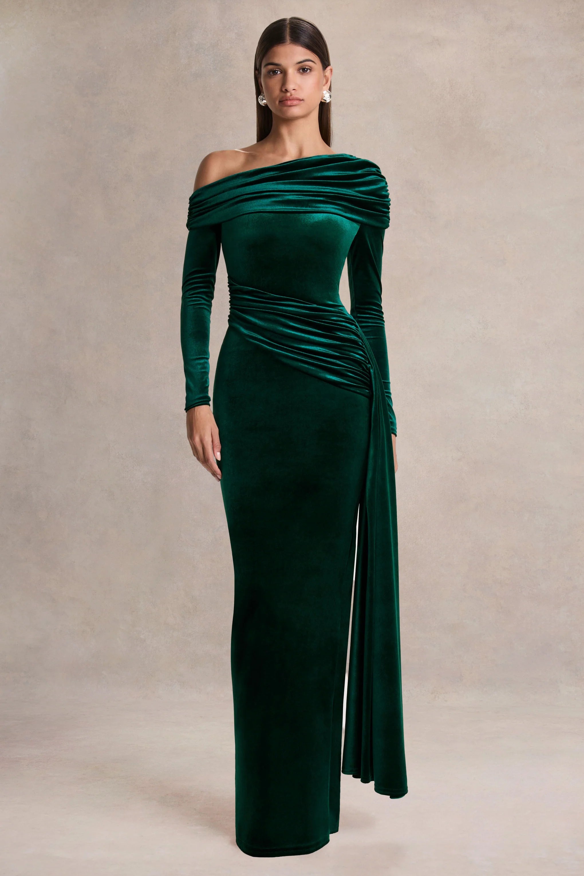 Hadria Bottle Green Velvet Asymmetric Neck Maxi Dress With Sash Detail