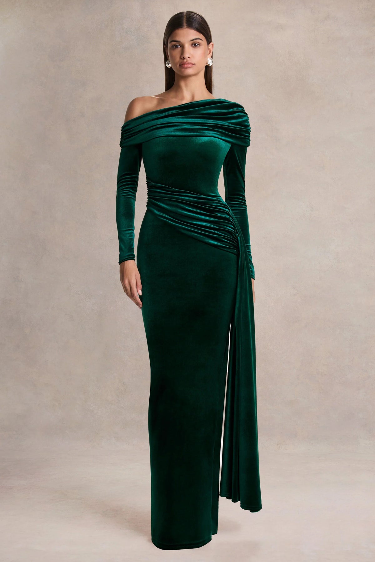 Hadria Bottle Green Velvet Asymmetric Neck Maxi Dress With Sash Detail