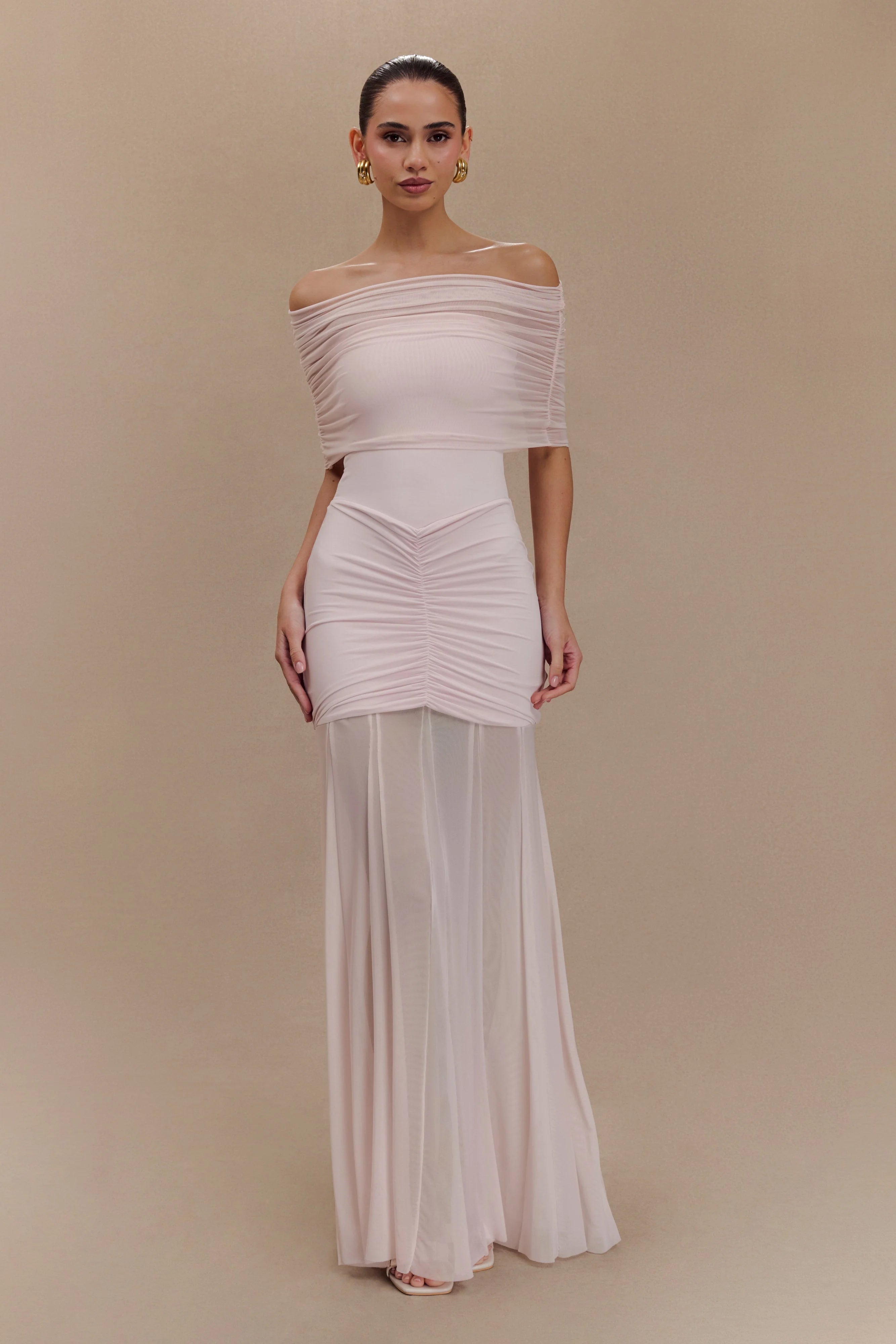 Caspian Slinky And Mesh Off Shoulder Maxi Dress Pale Pink