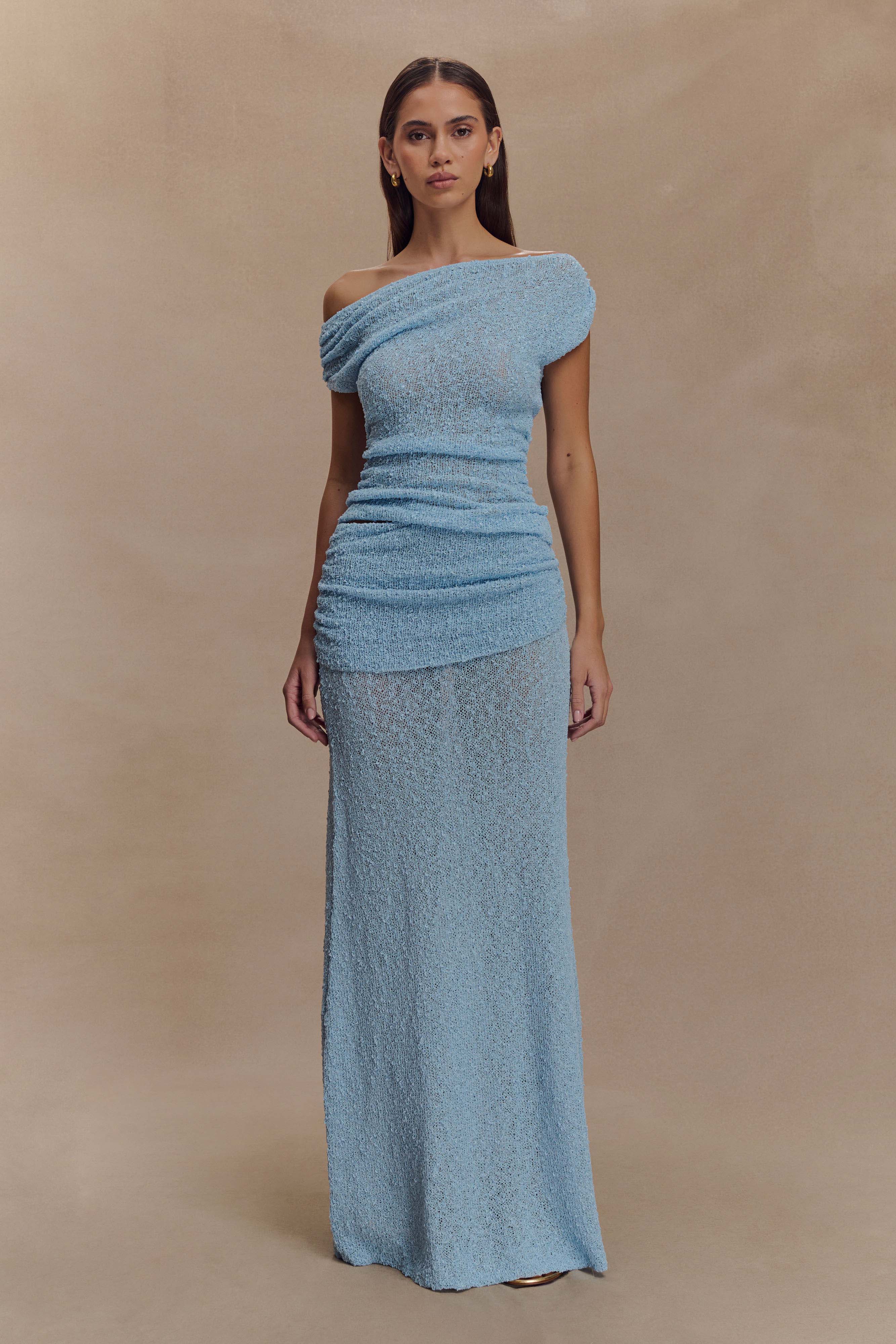 Petra Ruched Knit Maxi Skirt Light Blue