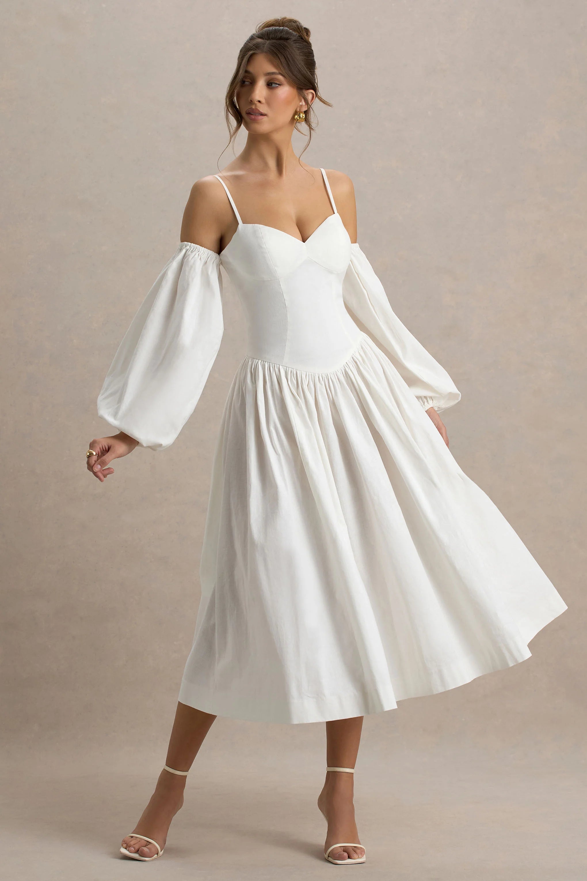 Macie Cream Sweetheart Midi Dress With Balloon Sleeves
