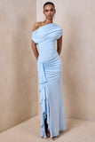 Siora Powder Blue Asymmetric Neck Maxi Dress With Draped Detailing