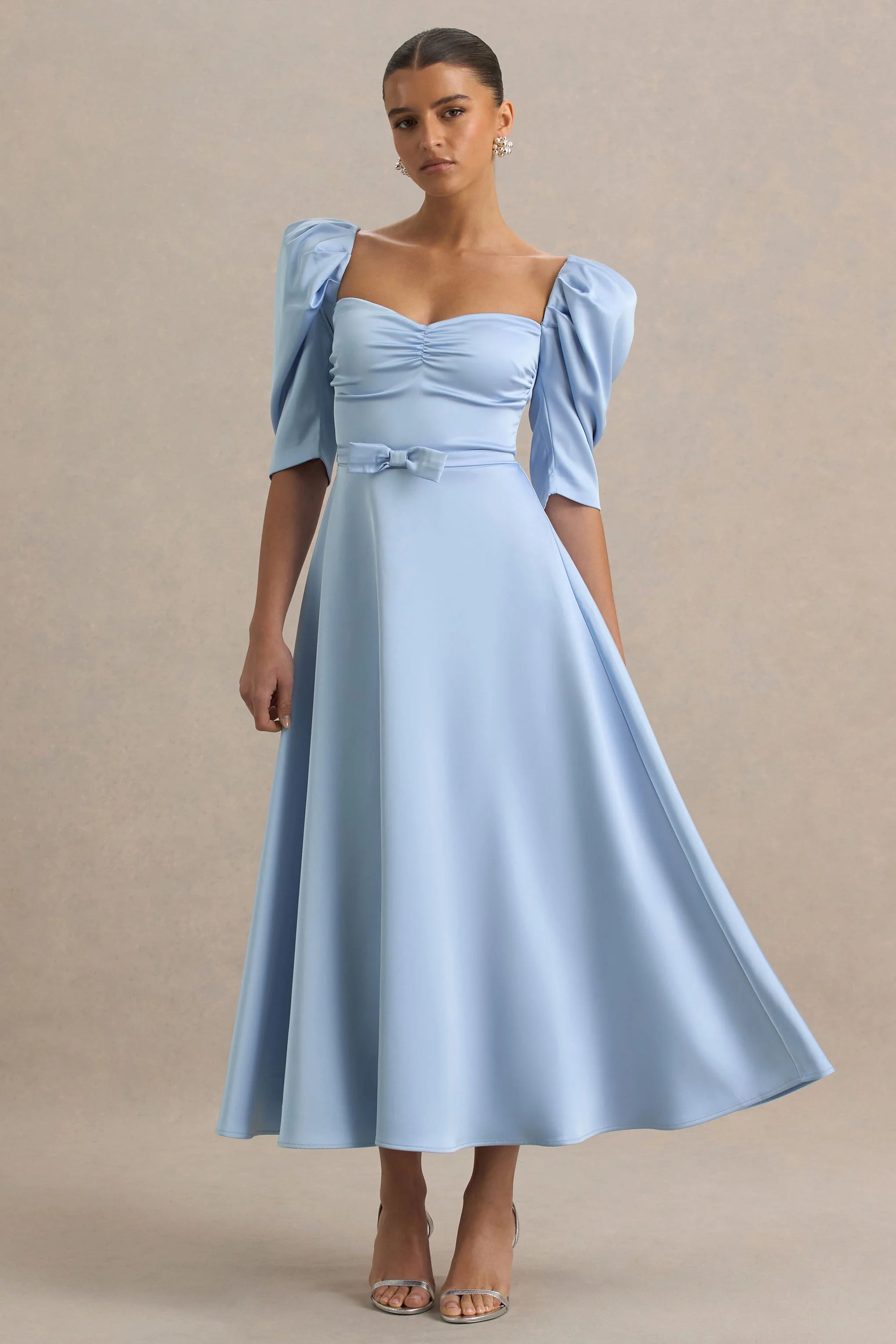 Rosey Powder Blue Satin Sweetheart Midi Dress