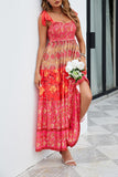 Women Floral Maxi Dress Tie Shoulder Patchwork Smocked Flowy Boho Dress with Pockets Summer Vacation Sundress