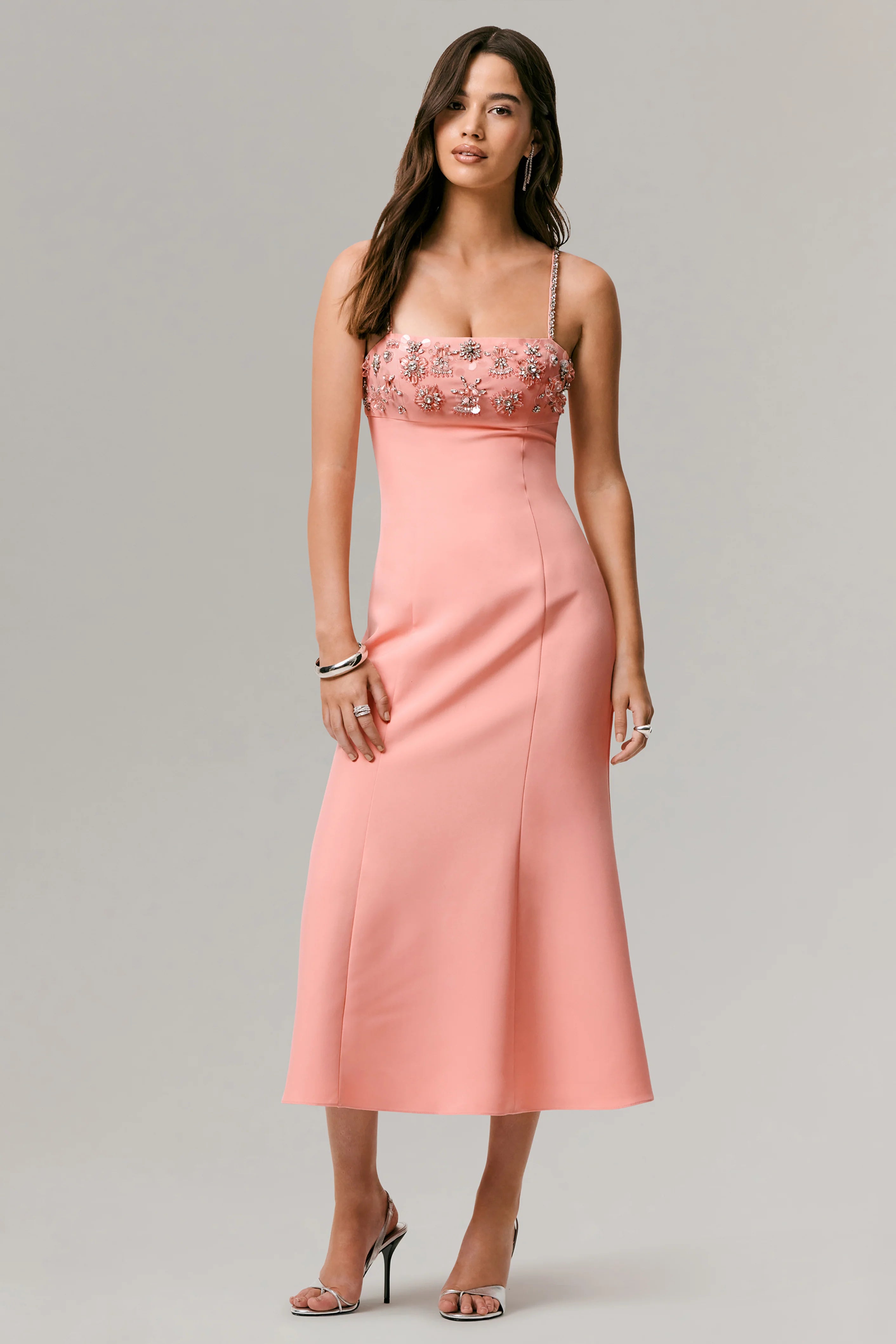 One To Remember Coral Square Neck Embellished Midi Dress