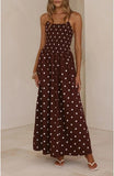 Women Polka Dot Maxi Dress Smocked Spaghetti Strap Flowy Sundress Summer Beach Vacation