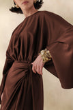 Delphina Brown Satin Maxi Dress With Gathered And Knot Detail