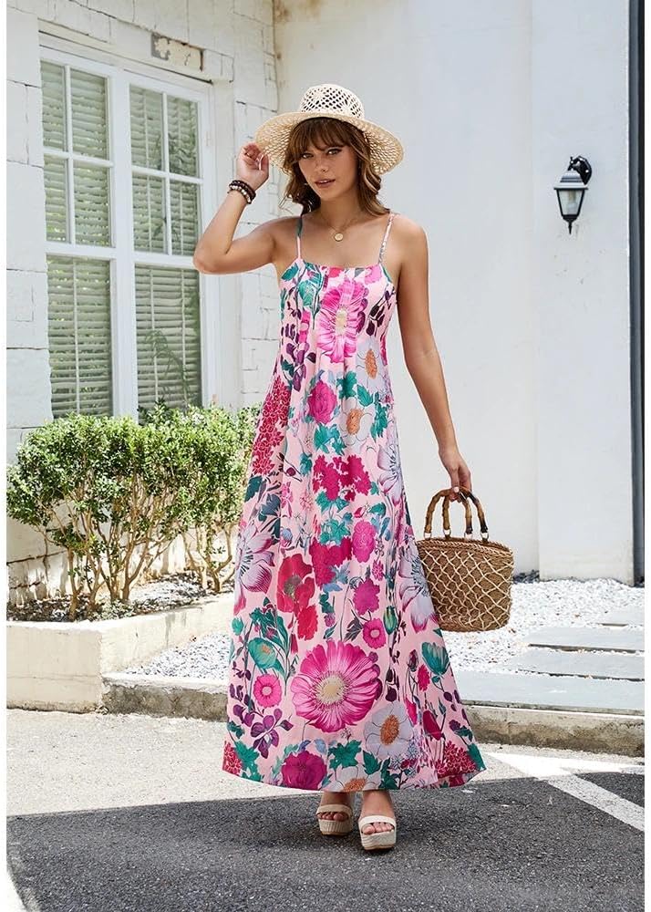 Women Boho Floral Maxi Dress Backless Spaghetti Strap A Line Flowy Summer Vacation Long Dress