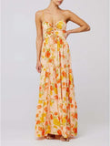 Women Floral Maxi Dress Tie Front Cut Out Backless Boho Spaghetti Strap Summer Beach Sundress