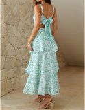 Women Floral Maxi Dress Sleeveless Bow Back Tiered Boho Flowy Long Dresses Summer Fall