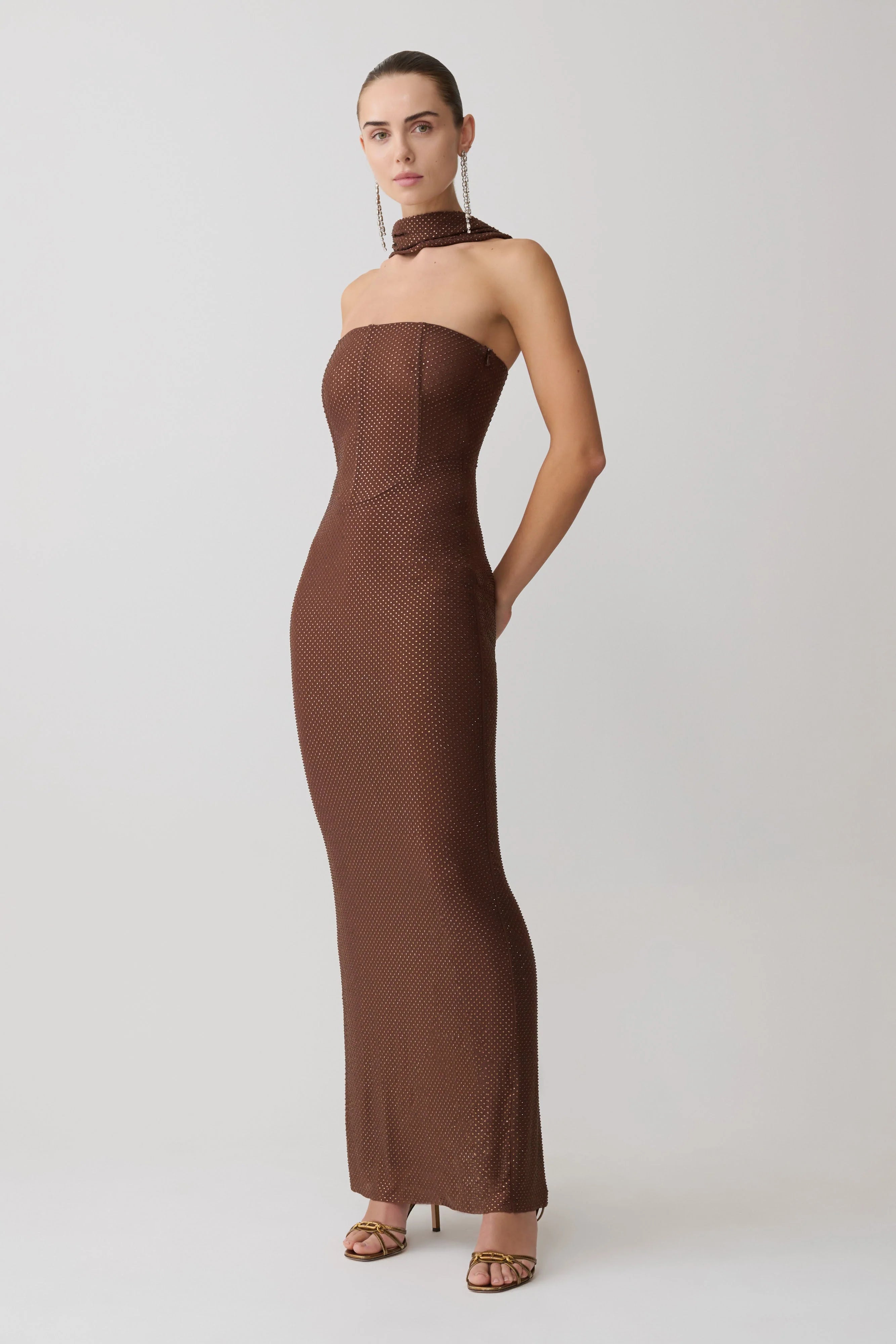 Phi Multi Wear Cowl Diamante Maxi Dress Chocolate