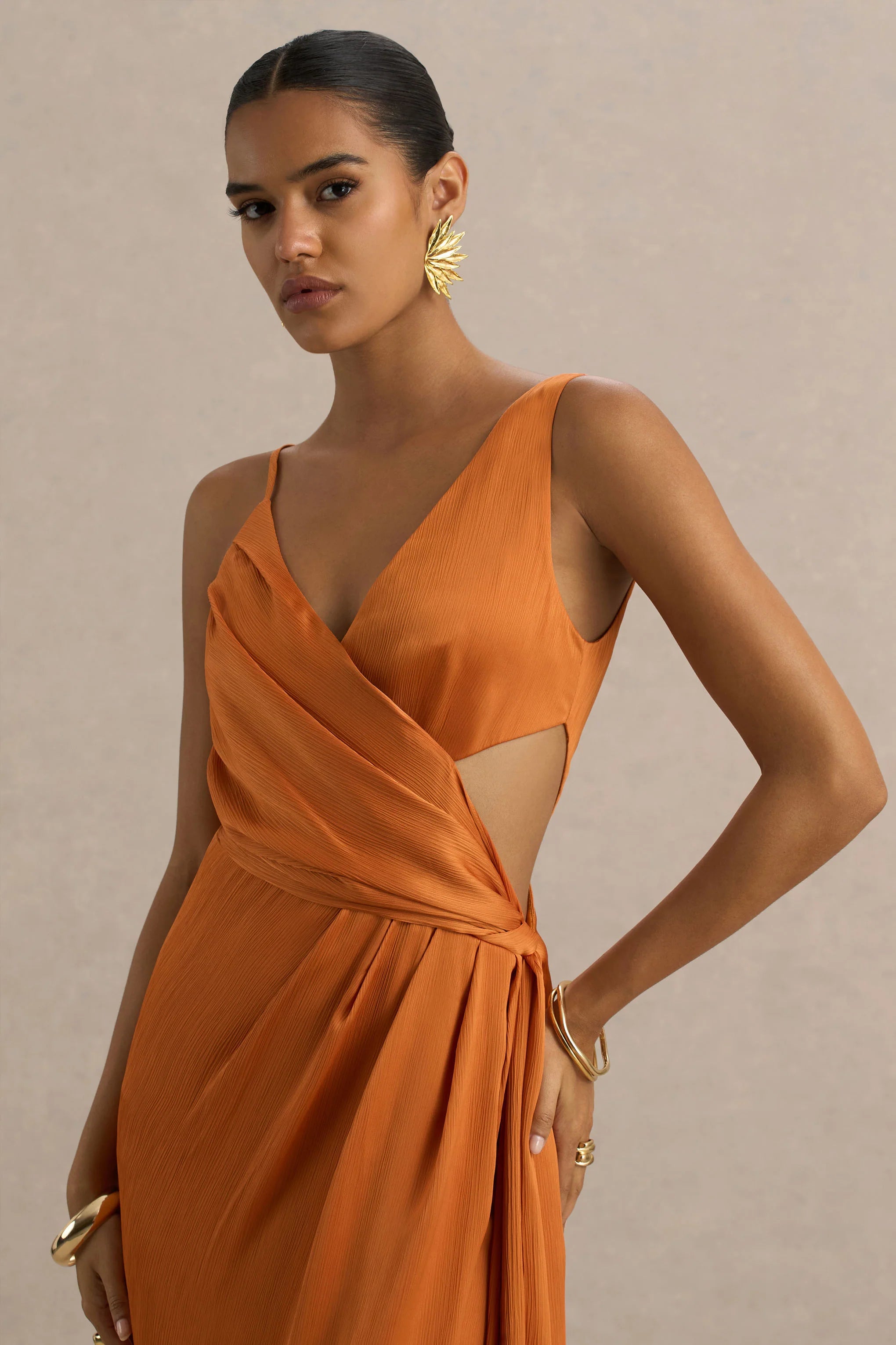Livia Orange Plunge Neck Fishtail Maxi Dress