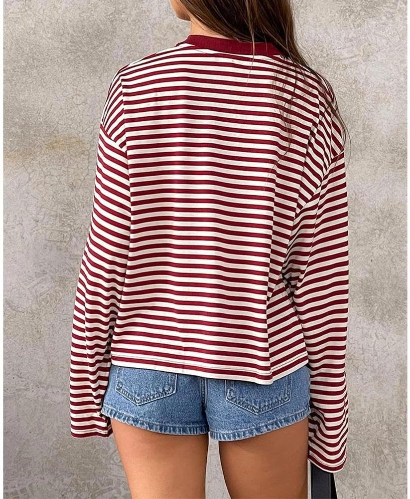 Women Striped Long Sleeve Shirt Crewneck Cropped Pullover Top Fall Winter Vintage Sweatshirt Streetwear
