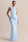 Lyssy Powder Blue High Neck Maxi Dress With Mesh Detail