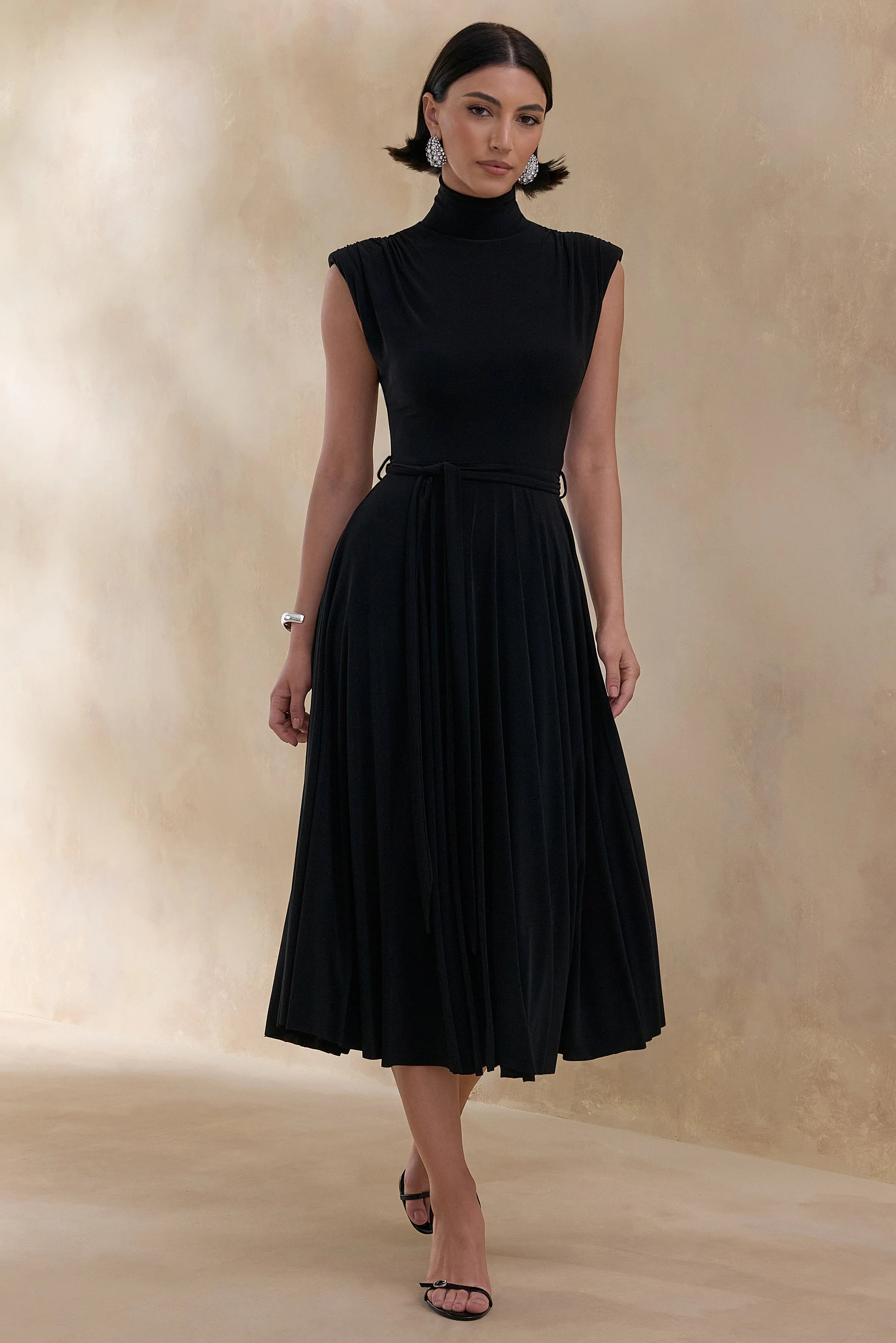 Roselena Black High Neck Midi Dress