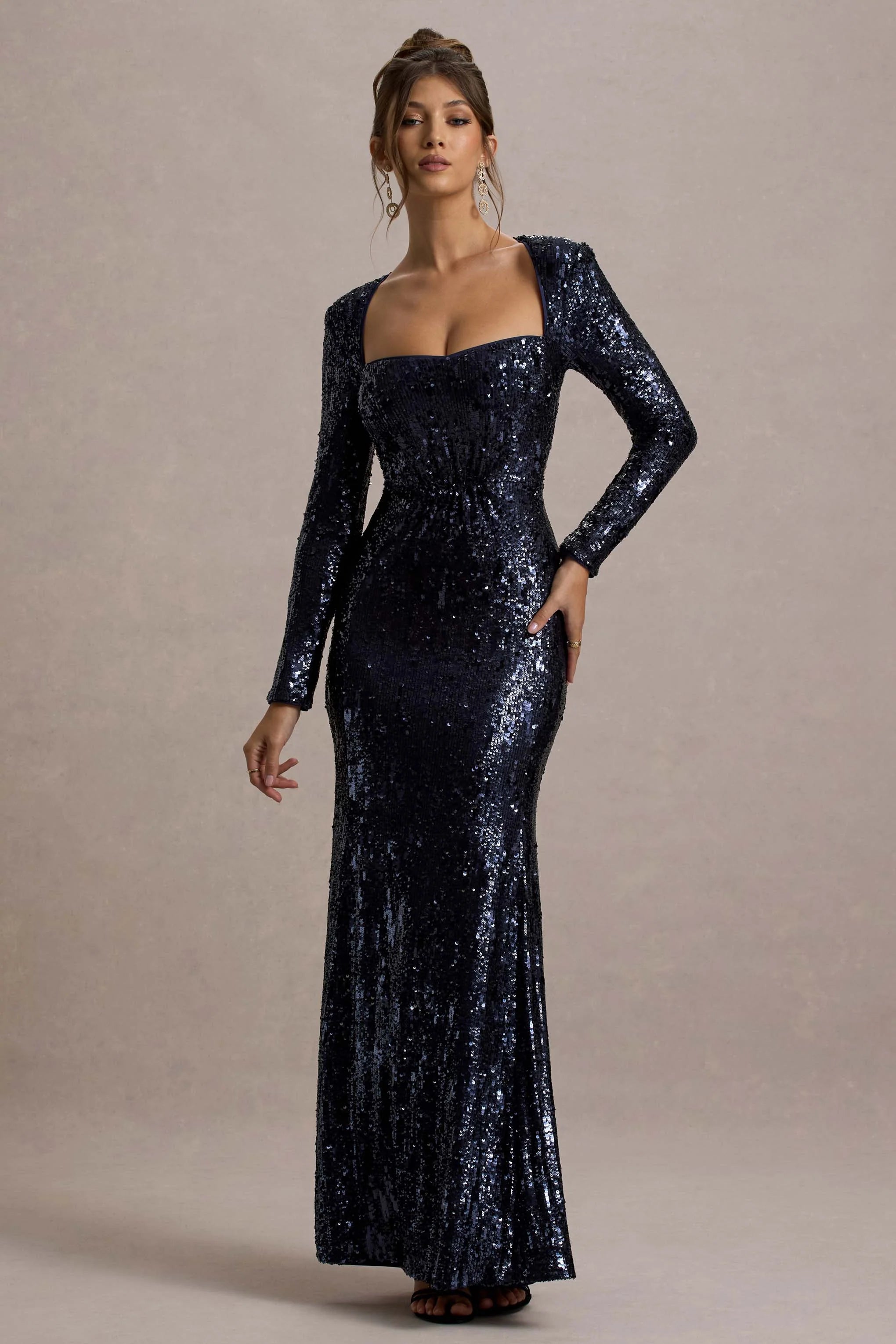 Ensley Navy Sequin Sweetheart Long Sleeve Maxi Dress