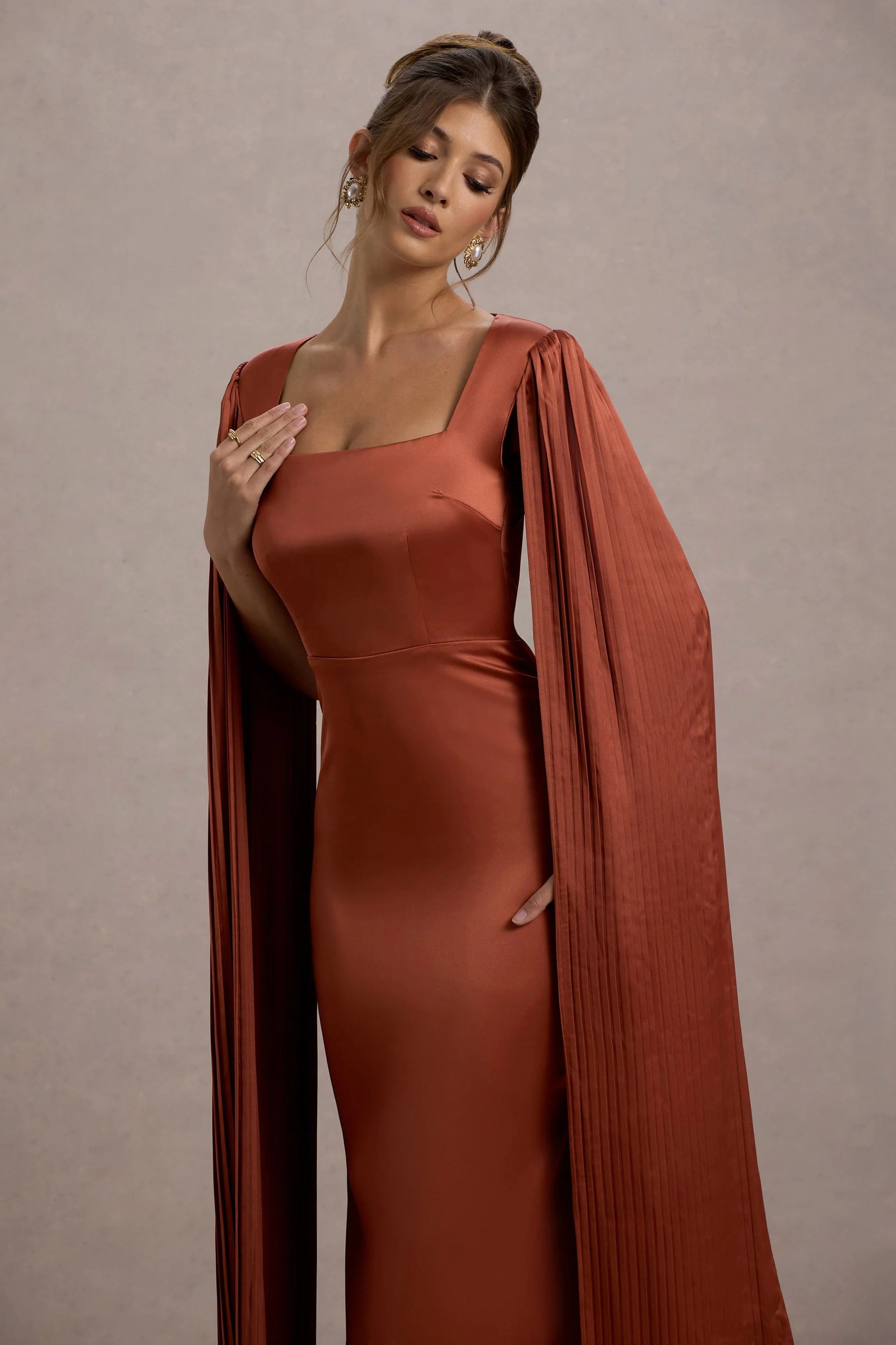 Saloma Rust Satin Square Neck Maxi Dress With Cape Sleeves