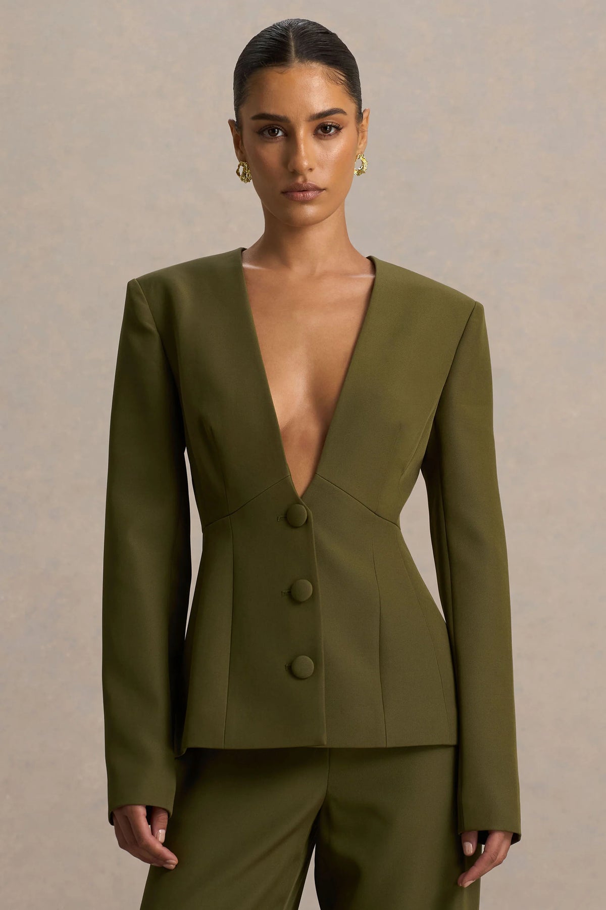 Rosalina Olive Extreme Plunge Neck Tailored Blazer