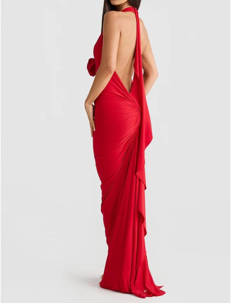 Women Sexy Backless Dress Halter Deep V Neck Detachable Flower Sleeveless Open Back Maxi Dress Cocktail Prom Formal Dresses