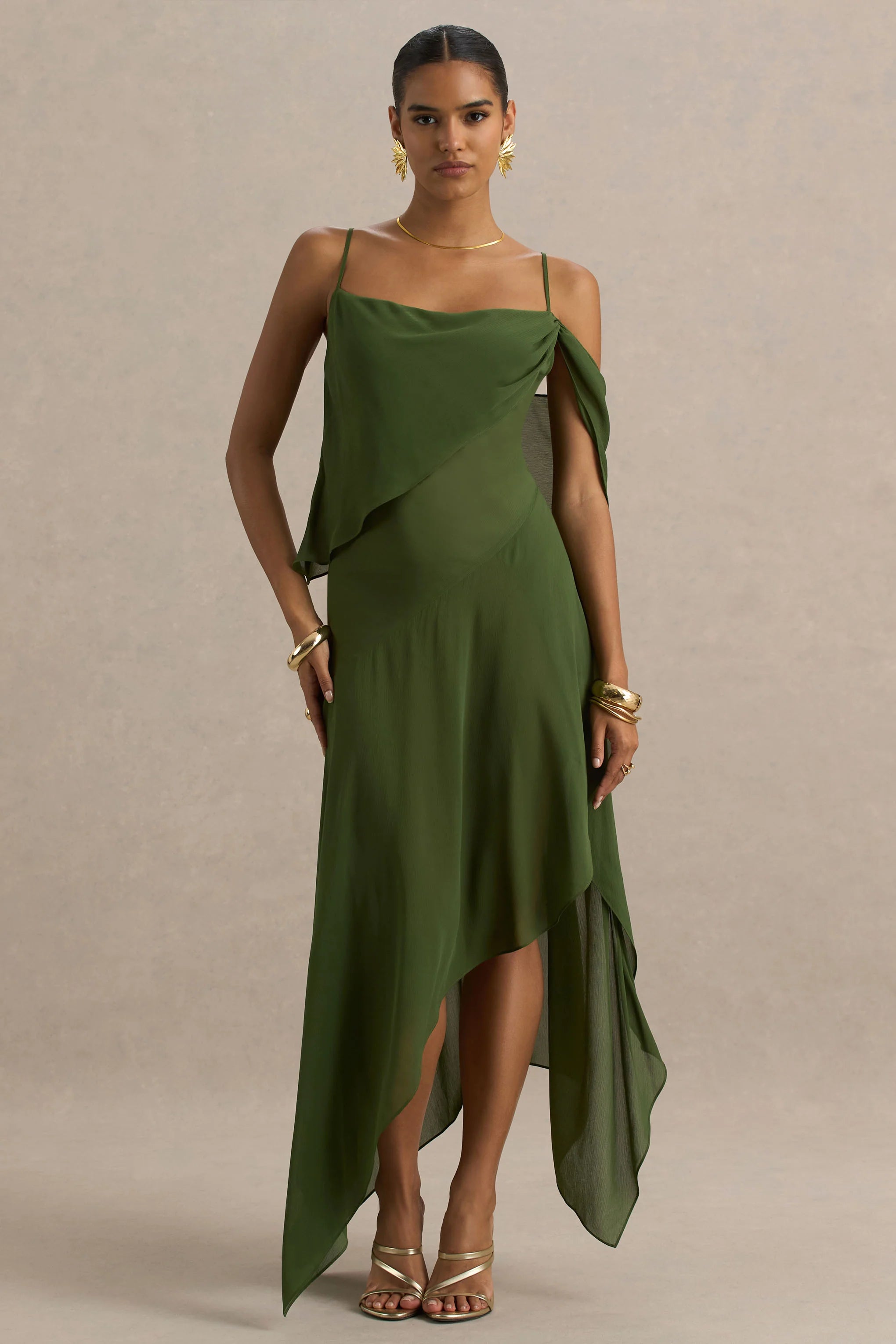 Tiara Green Asymmetric Midi Dress With Draping Detailing and Open Back